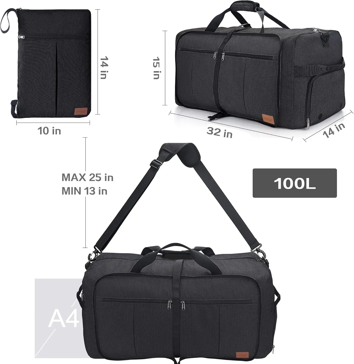 100L Travel Duffle Bag for Men, Urtala 32 Large Duffle Bag for Traveling with Shoe Compartment, Foldable Travel Duffel Bag Weekender Bag Gym Bag for Men Women Waterproof & Tear Resistant (Black)
