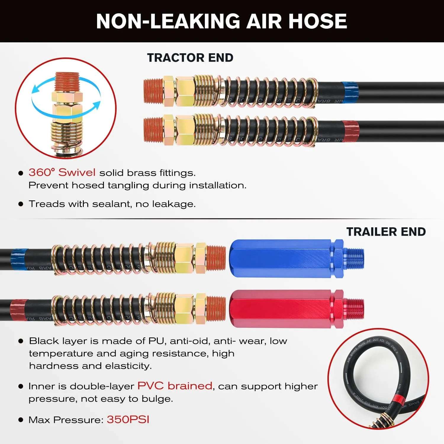 12FT 3-in-1 ABS Electrical Cord & Rubber Air Line Hose Kit with Gladhand & Handles