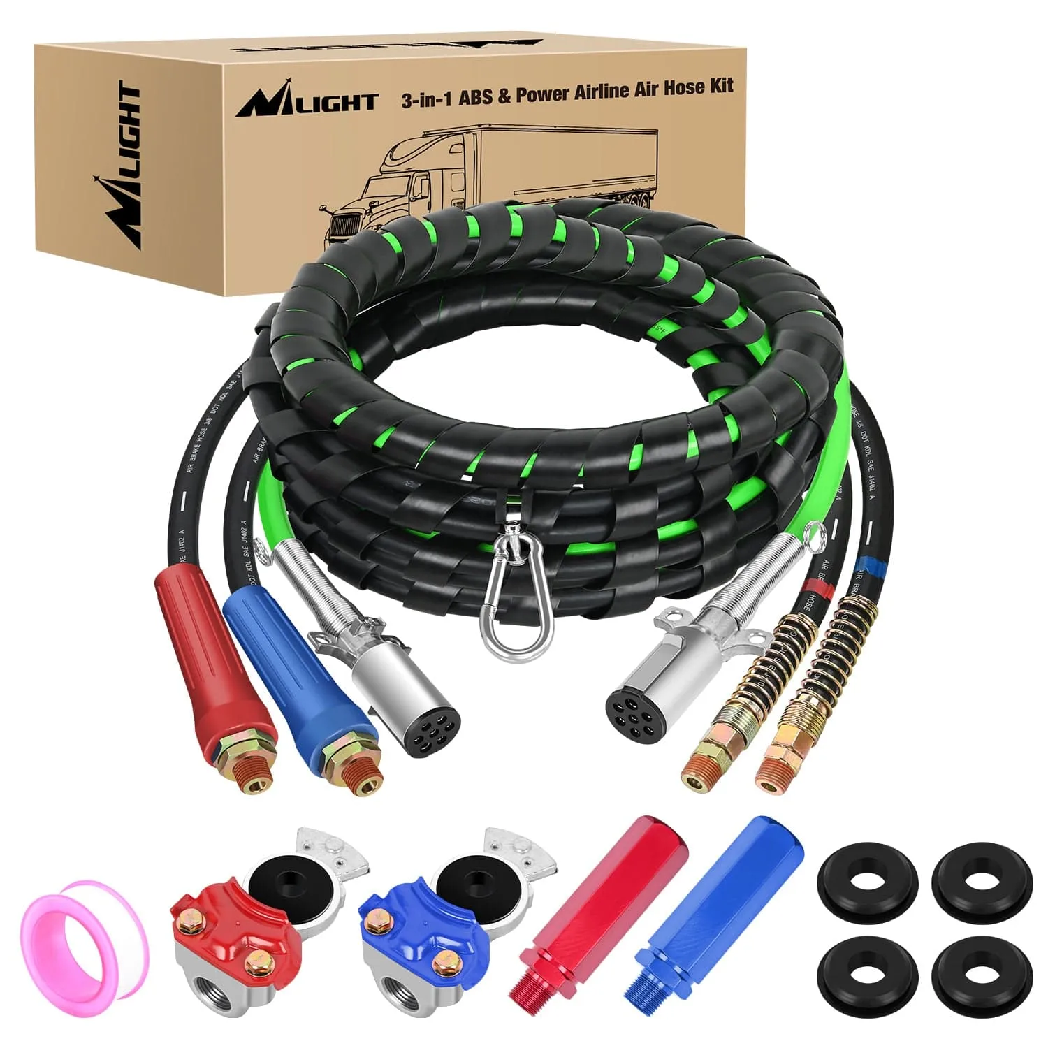 12FT 3-in-1 ABS Electrical Cord & Rubber Air Line Hose Kit with Gladhand & Handles