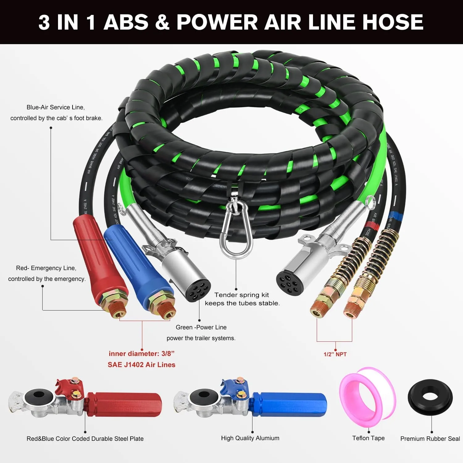 12FT 3-in-1 ABS Electrical Cord & Rubber Air Line Hose Kit with Gladhand & Handles