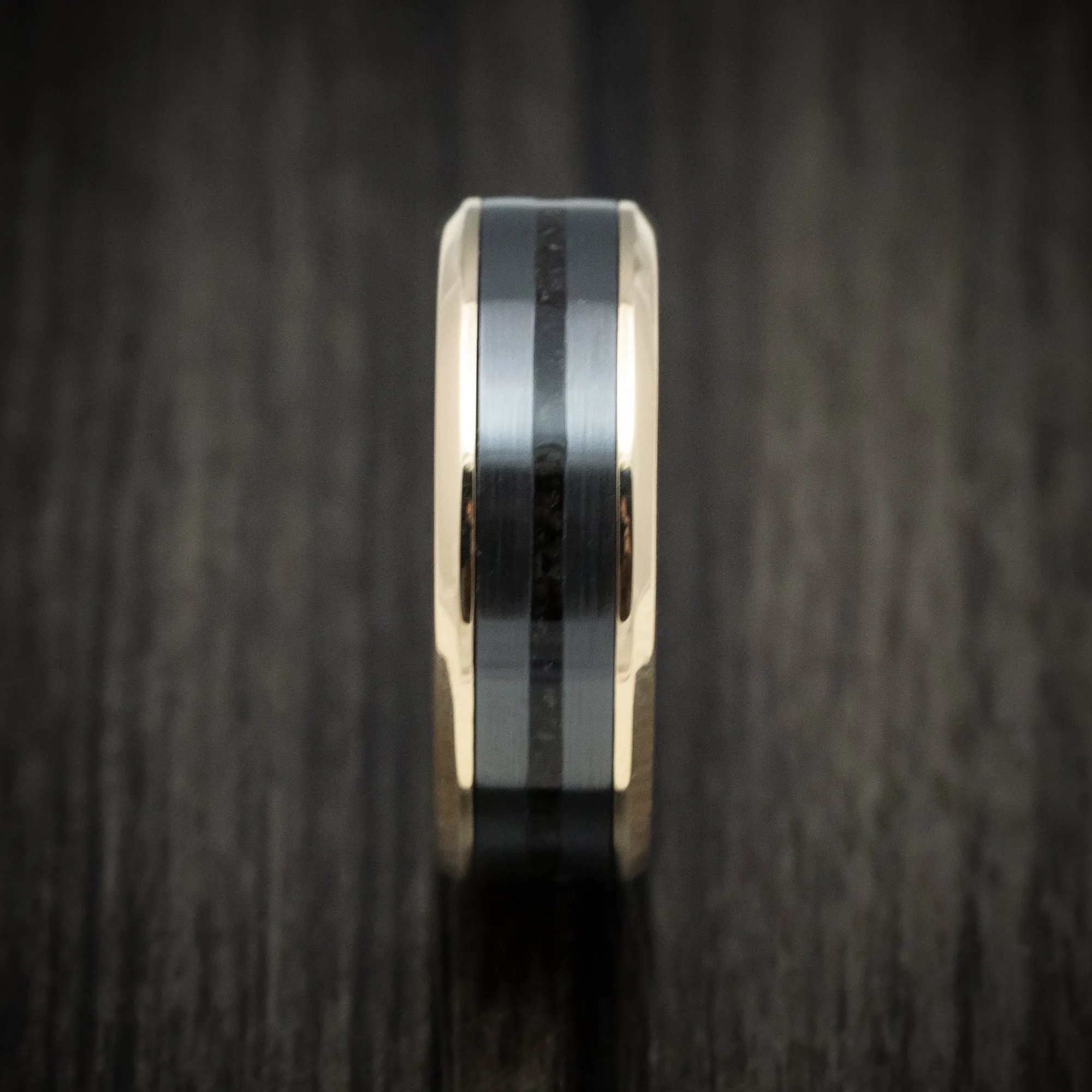 14K Gold Men's Ring with Titanium and Dinosaur Bone Inlays Custom Made Band