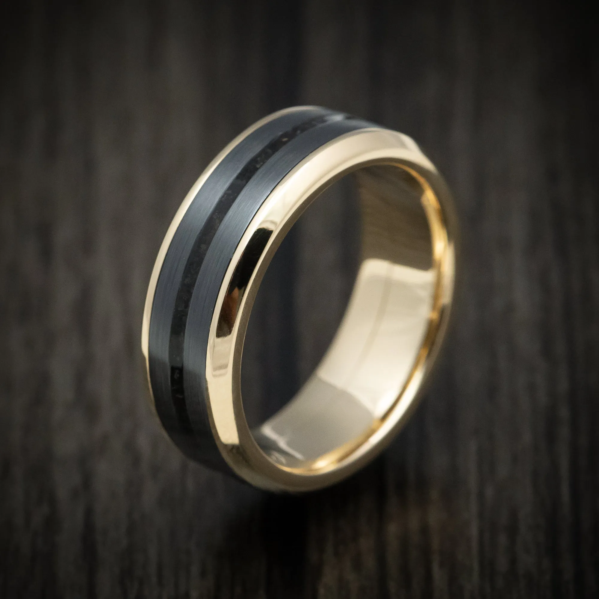 14K Gold Men's Ring with Titanium and Dinosaur Bone Inlays Custom Made Band