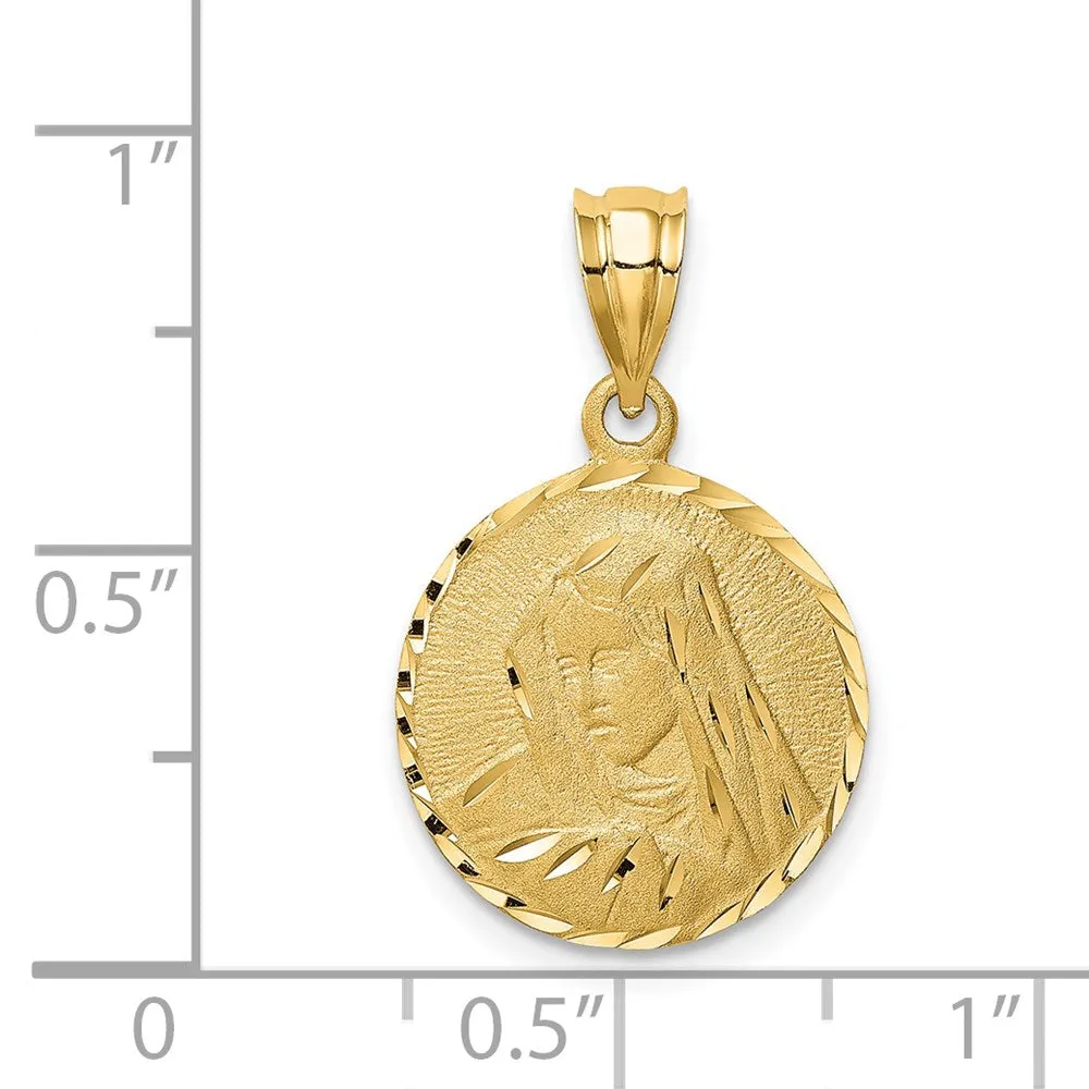 14k Real Yellow Solid Gold Brushed Diamond Cut Virgin Mary Pendant Charm, 23mm