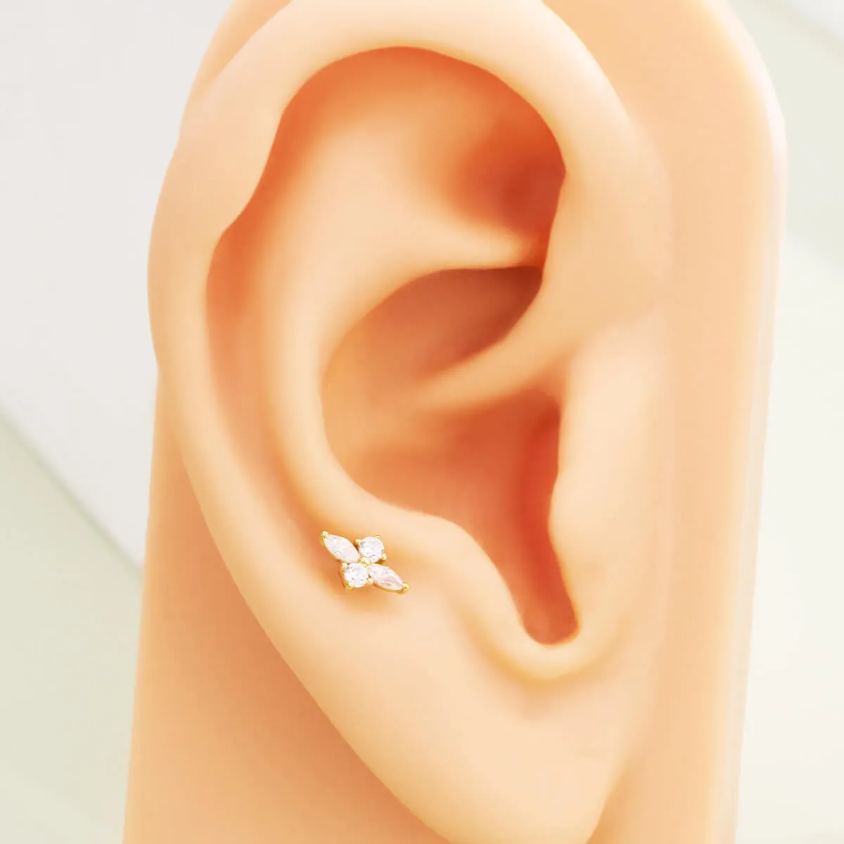 14K Solid Gold Cartilage Earrings 16G Internally Threaded Shinny CZ Top Labret Stud