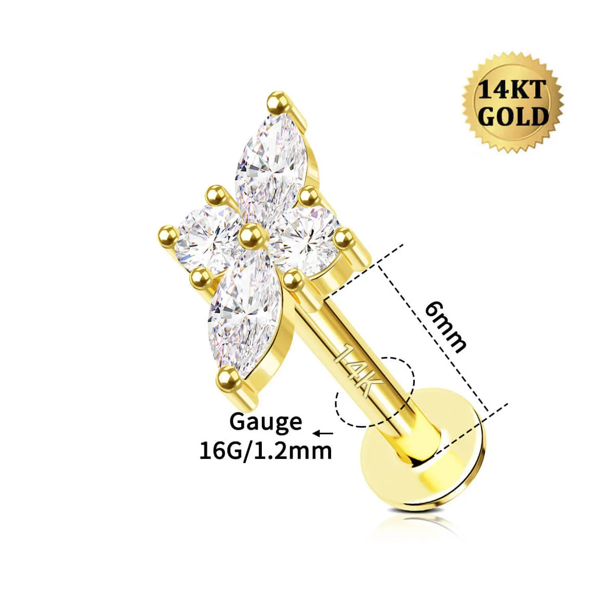14K Solid Gold Cartilage Earrings 16G Internally Threaded Shinny CZ Top Labret Stud