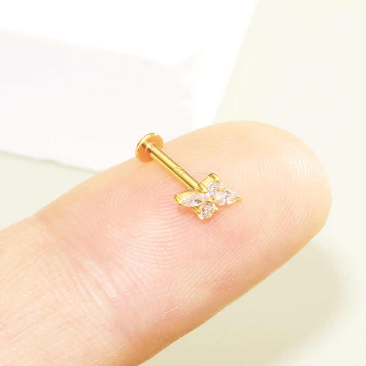 14K Solid Gold Cartilage Earrings 16G Internally Threaded Shinny CZ Top Labret Stud