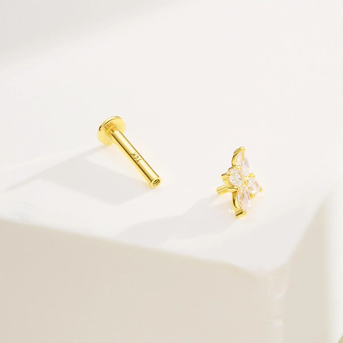 14K Solid Gold Cartilage Earrings 16G Internally Threaded Shinny CZ Top Labret Stud