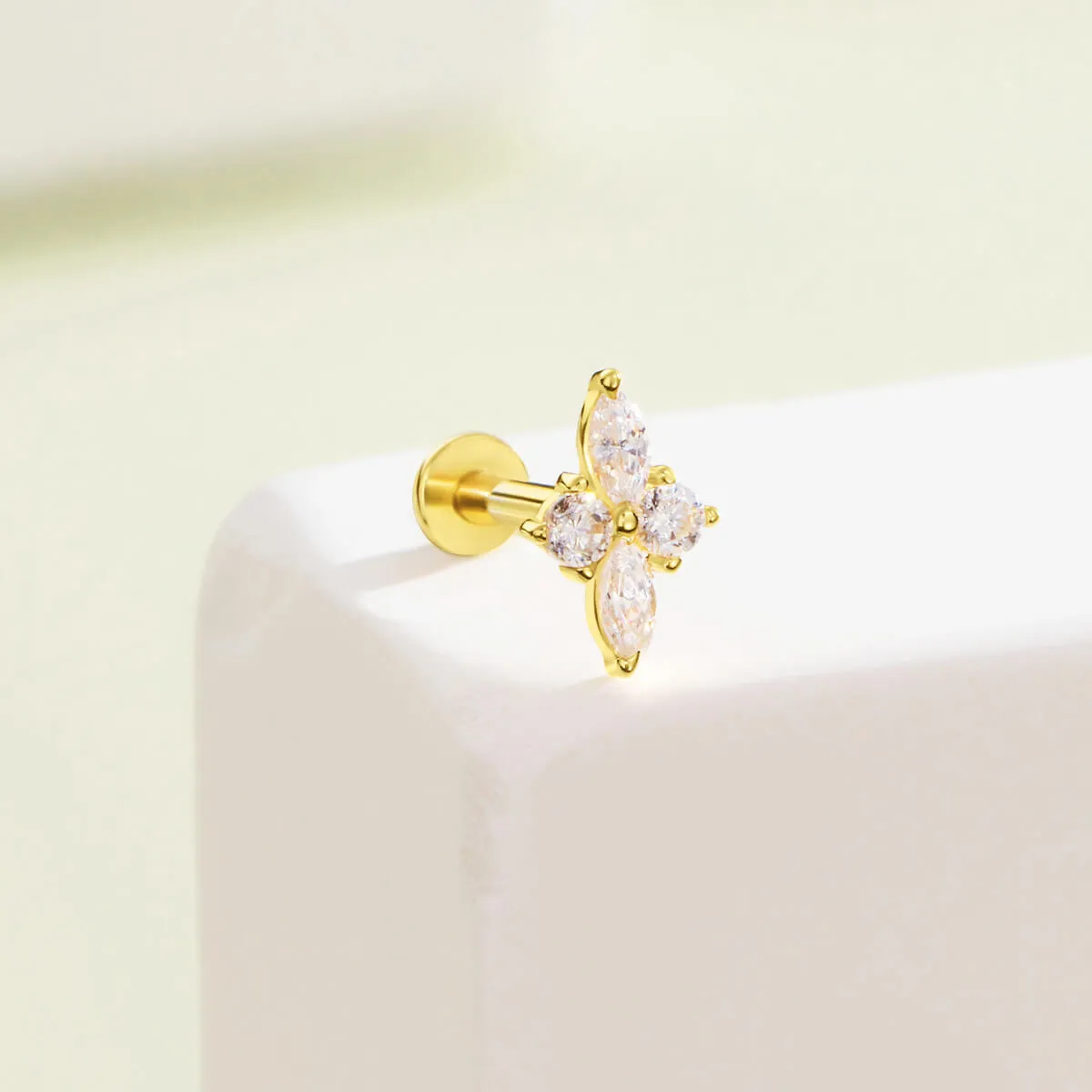 14K Solid Gold Cartilage Earrings 16G Internally Threaded Shinny CZ Top Labret Stud