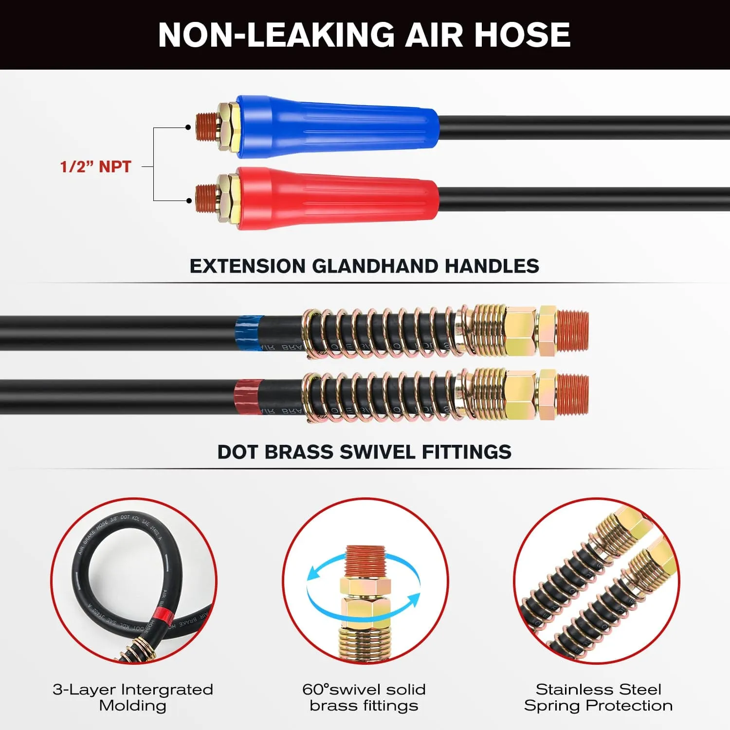 15FT 3-in-1 ABS Electrical Cord Cable & Rubber Air Power Line Hose Kit