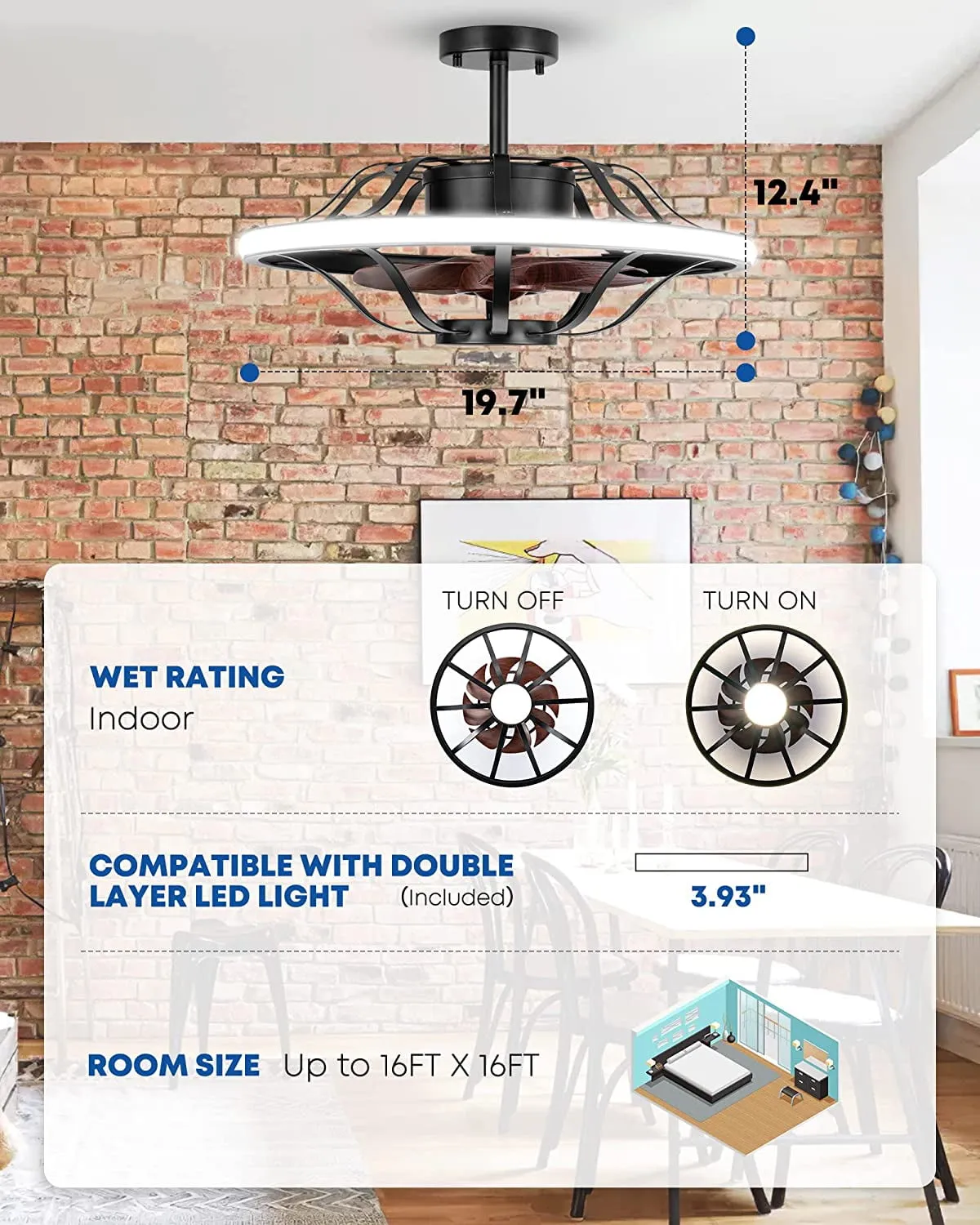 20' Caged Ceiling Fan with Lights and Remote Control, Industrial 6-Speed Flush Mount Ceiling Fan, Rustic Black Low Profile LED Ceiling Fan for Bedroom, Farmhouse, Dining Room