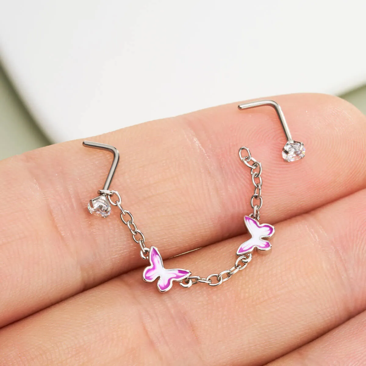 20G Removable Chain Style Purple Butterfly Dangle Nose Chain