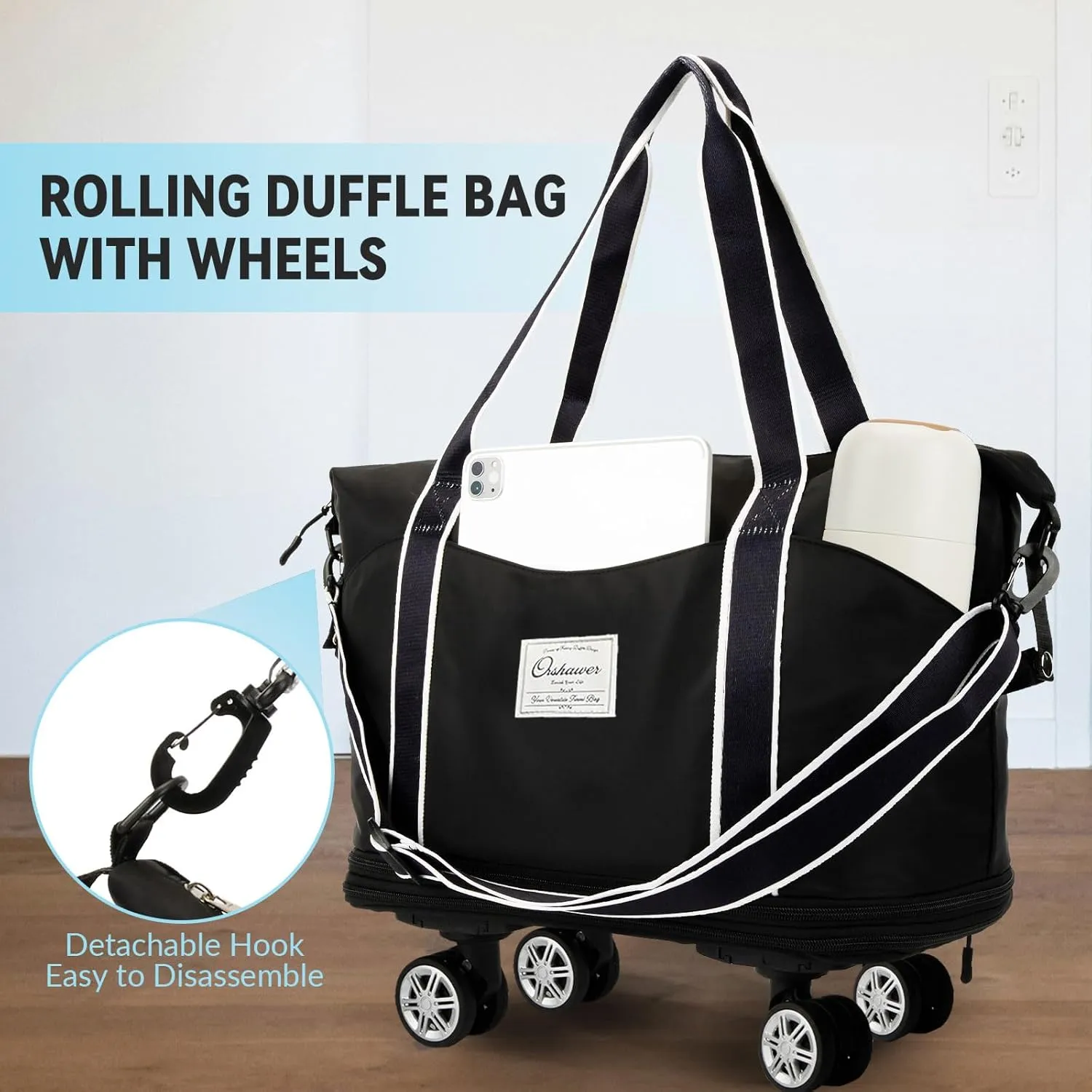 25L-55L Expandable Foldable Duffle Bag, Rolling Duffle Bag with Detachable Wheels and Adjustable Shoulder Strap