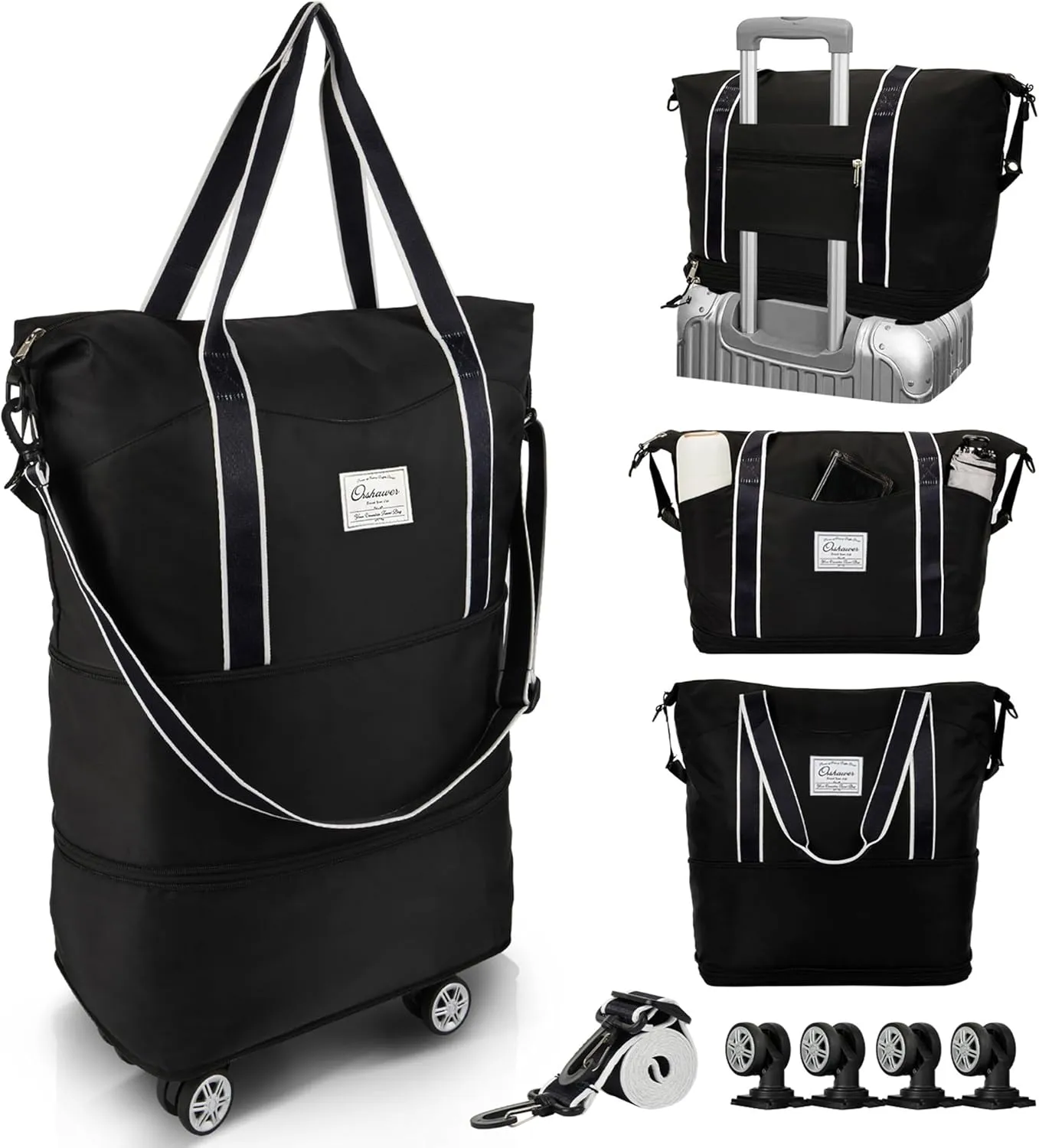 25L-55L Expandable Foldable Duffle Bag, Rolling Duffle Bag with Detachable Wheels and Adjustable Shoulder Strap