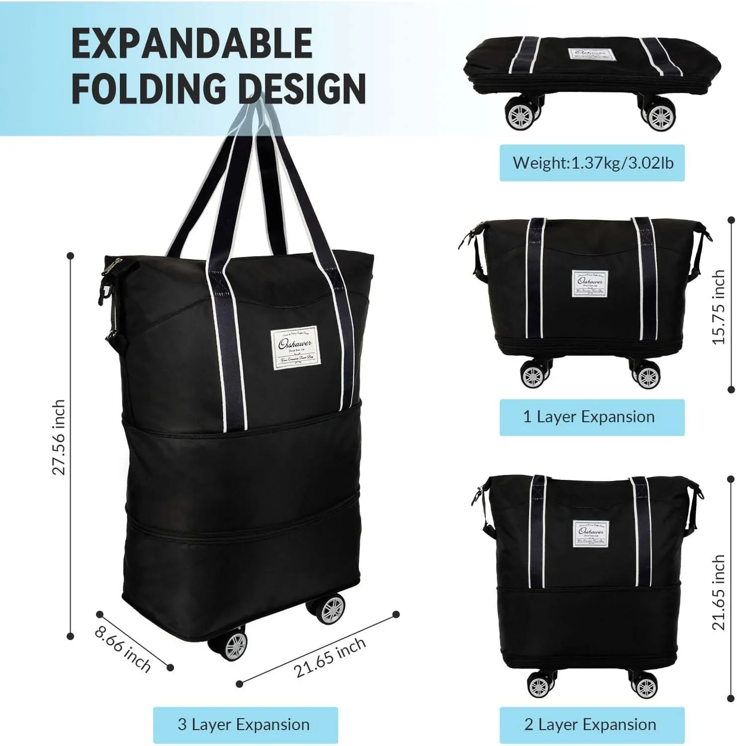 25L-55L Expandable Foldable Duffle Bag, Rolling Duffle Bag with Detachable Wheels and Adjustable Shoulder Strap