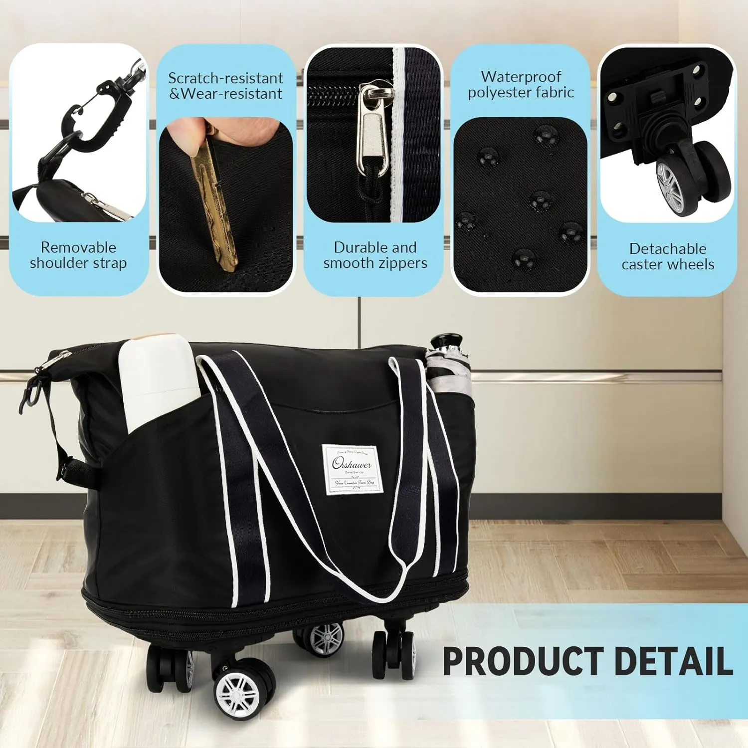 25L-55L Expandable Foldable Duffle Bag, Rolling Duffle Bag with Detachable Wheels and Adjustable Shoulder Strap