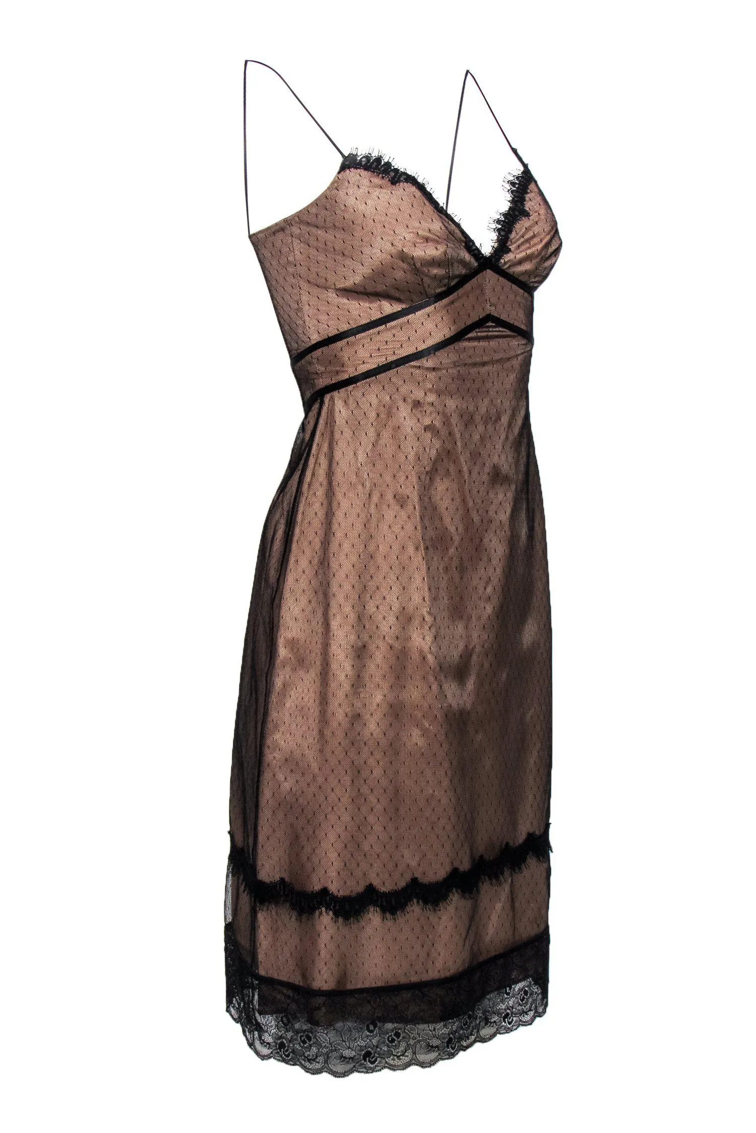ABS Collections - Nude Sheath Dress w/ Black Lace Overlay Sz 2