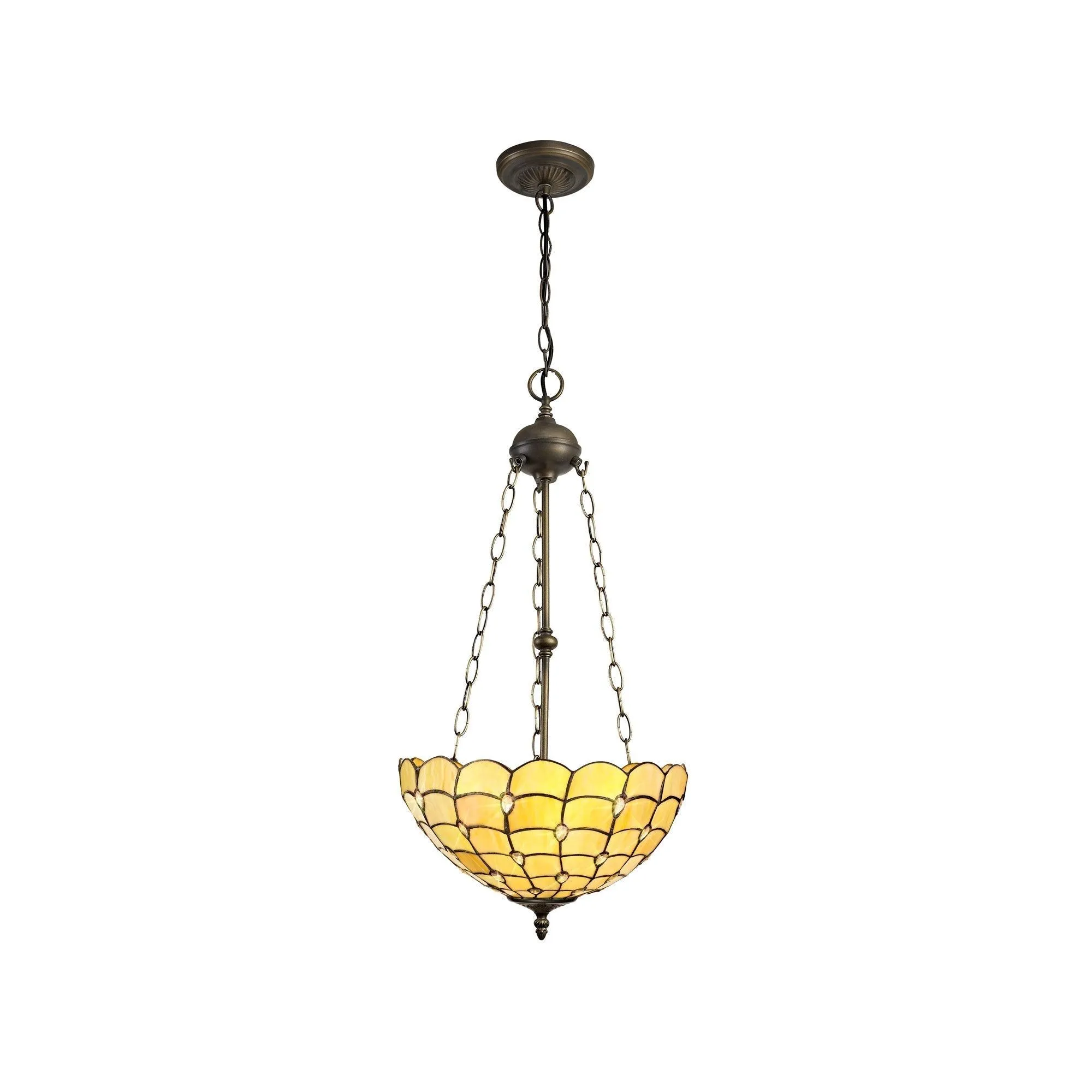 Aero 2 Light Uplighter Pendant E27 With 30cm Tiffany Shade, Beige/Clear Crystal/Aged Antique Brass