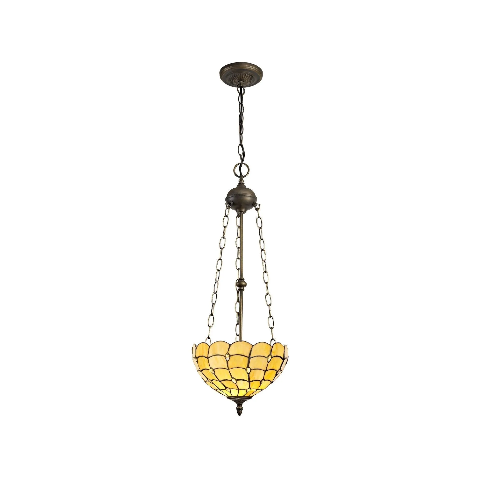 Aero 2 Light Uplighter Pendant E27 With 30cm Tiffany Shade, Beige/Clear Crystal/Aged Antique Brass