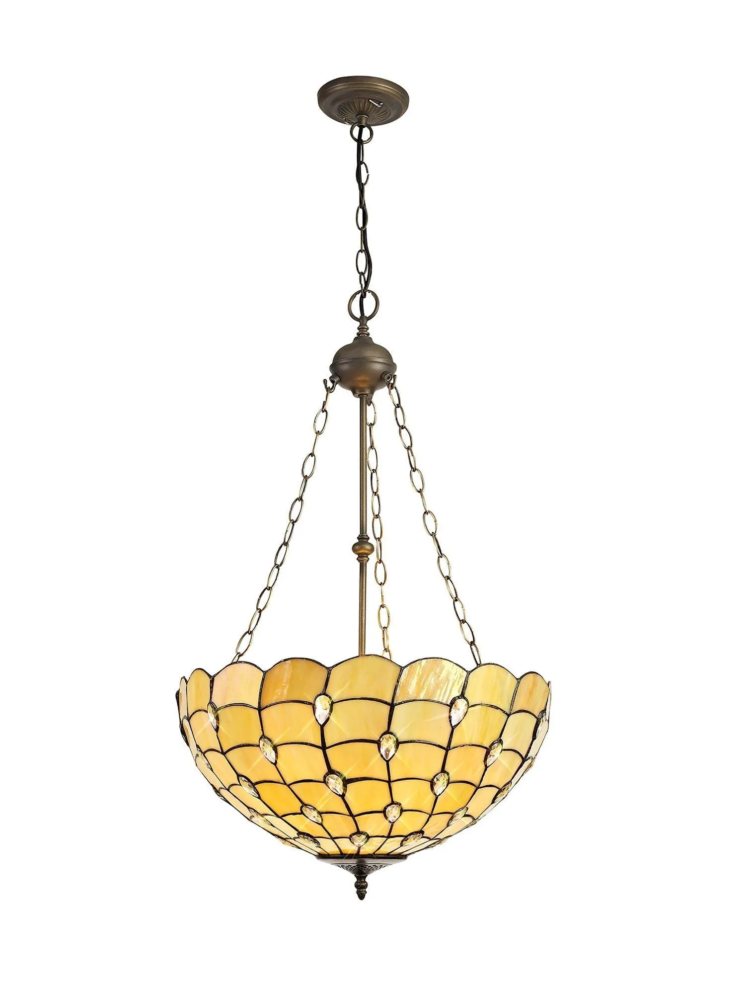 Aero 2 Light Uplighter Pendant E27 With 30cm Tiffany Shade, Beige/Clear Crystal/Aged Antique Brass