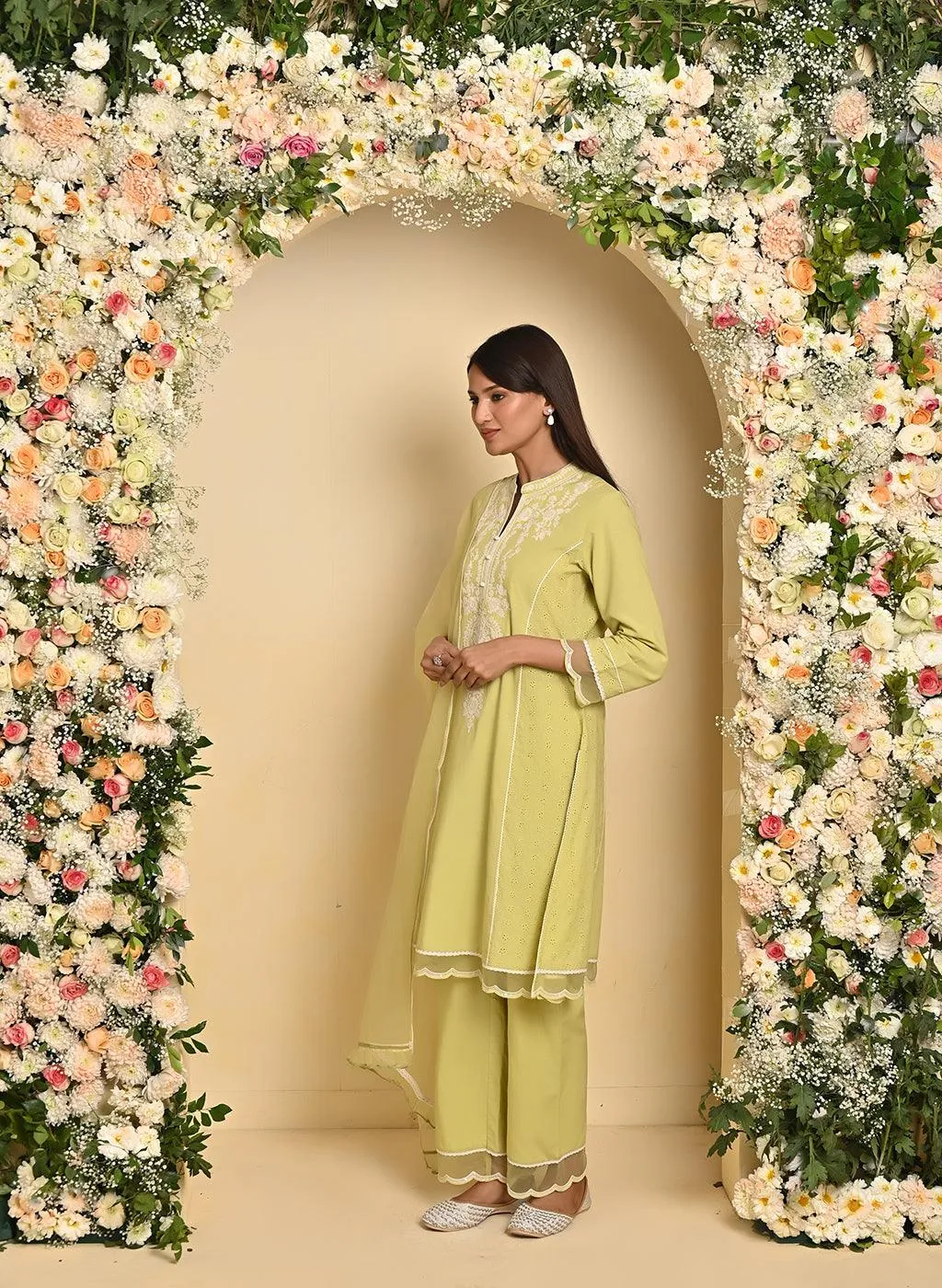 Womens Elegant Apple Green Embroidered 3-Piece Kurta Set with Organza Dupatta