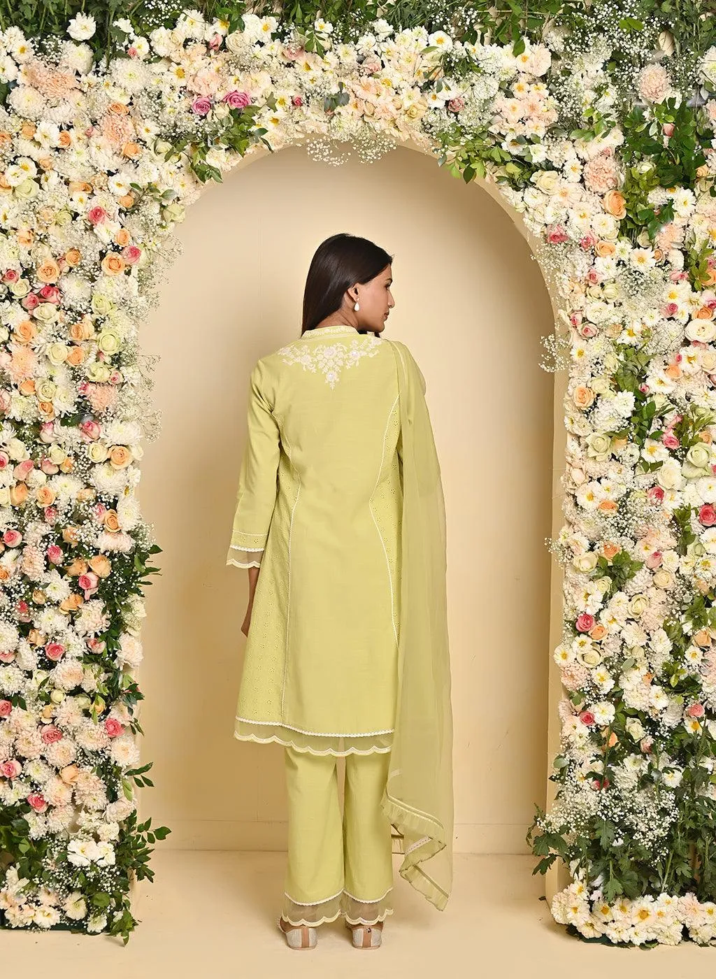 Womens Elegant Apple Green Embroidered 3-Piece Kurta Set with Organza Dupatta