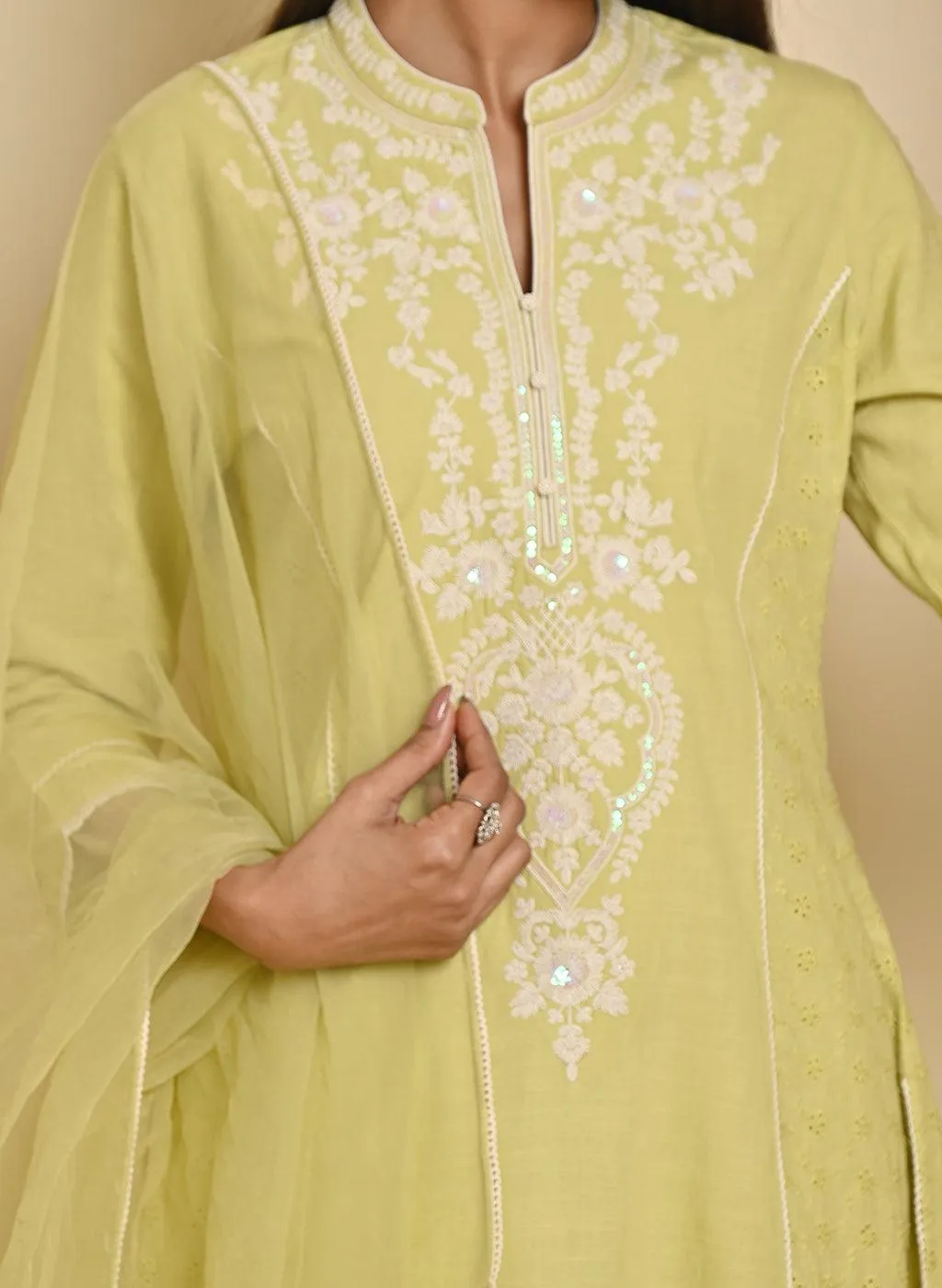 Womens Elegant Apple Green Embroidered 3-Piece Kurta Set with Organza Dupatta