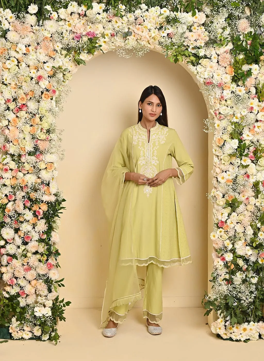 Womens Elegant Apple Green Embroidered 3-Piece Kurta Set with Organza Dupatta