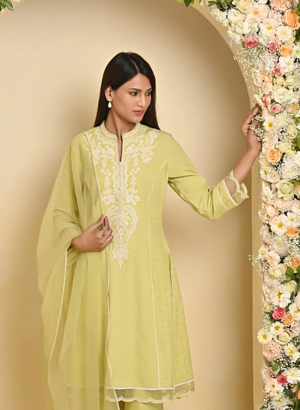 Womens Elegant Apple Green Embroidered 3-Piece Kurta Set with Organza Dupatta