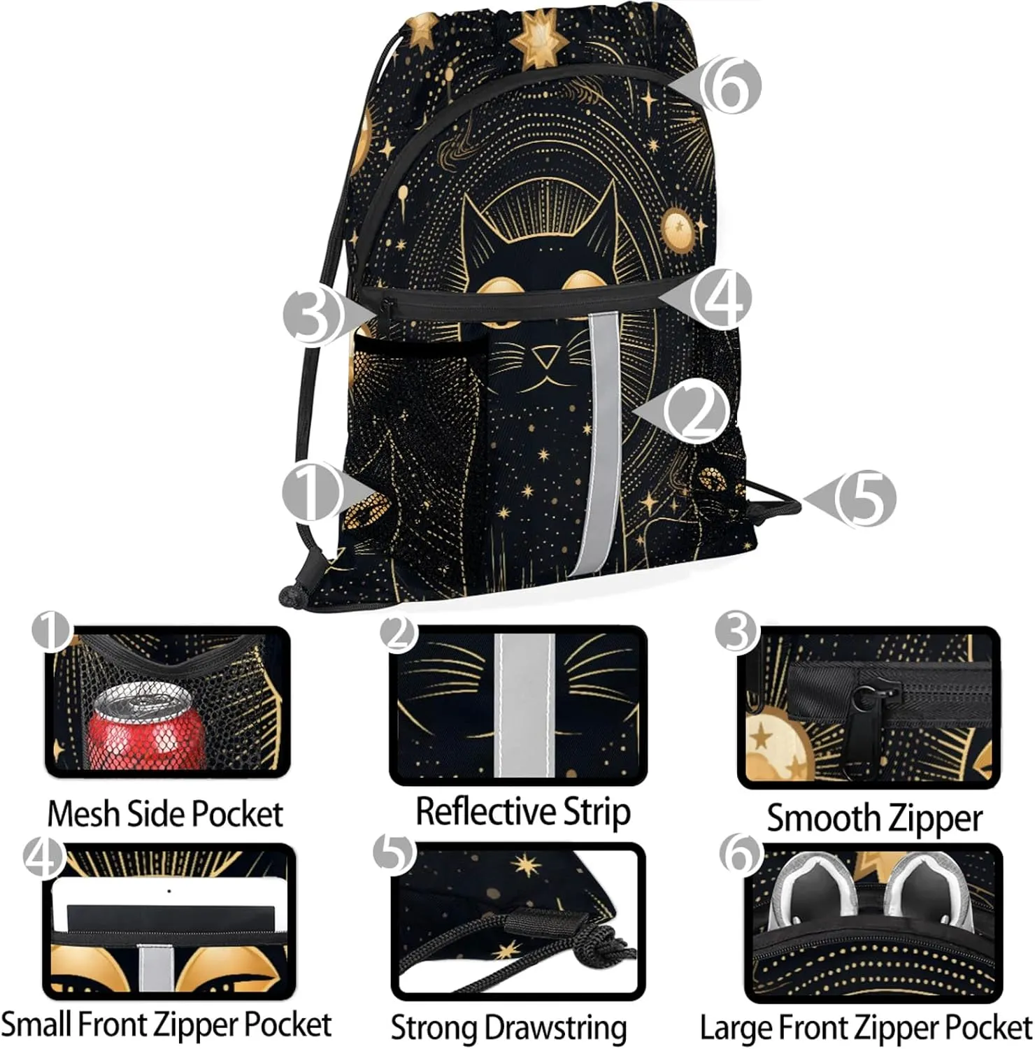 Black Cat Drawstring Backpack String Bag, Waterproof Sports Gym Swim Sackpack with Mesh Pocket for Men Women