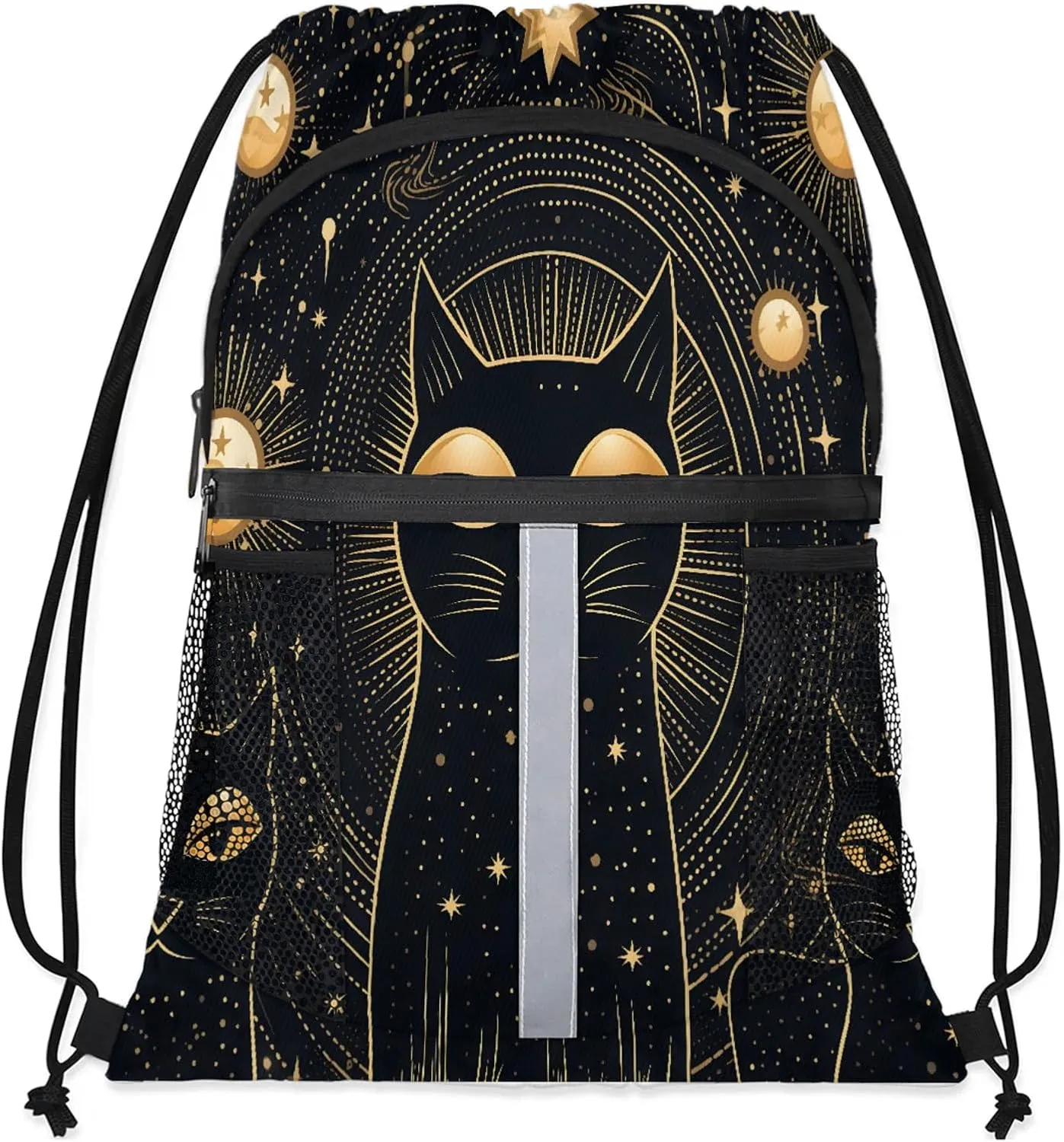 Black Cat Drawstring Backpack String Bag, Waterproof Sports Gym Swim Sackpack with Mesh Pocket for Men Women