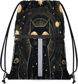 Black Cat Drawstring Backpack String Bag, Waterproof Sports Gym Swim Sackpack with Mesh Pocket for Men Women