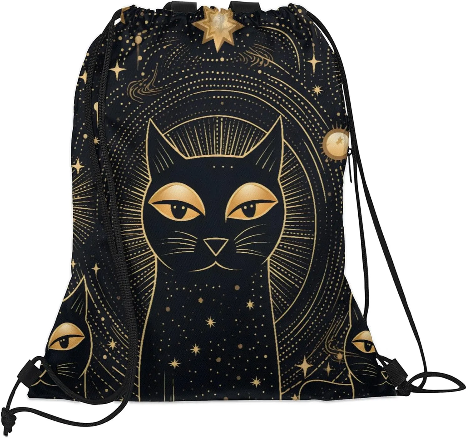 Black Cat Drawstring Backpack String Bag, Waterproof Sports Gym Swim Sackpack with Mesh Pocket for Men Women