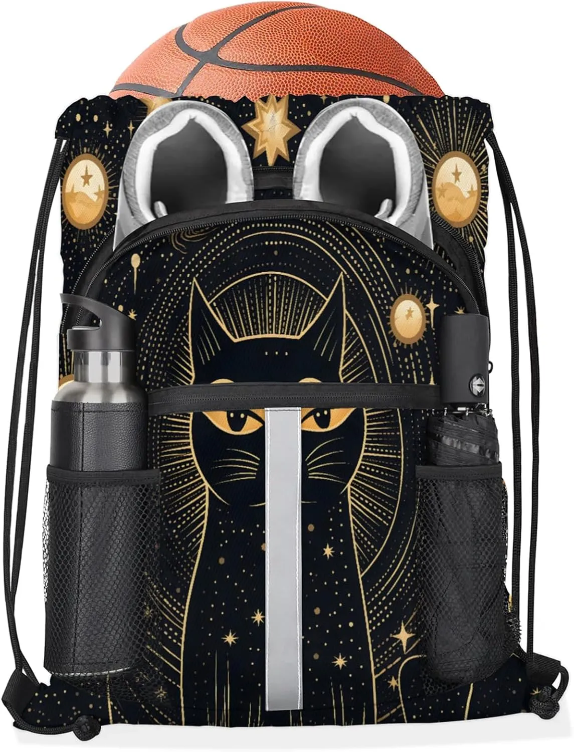 Black Cat Drawstring Backpack String Bag, Waterproof Sports Gym Swim Sackpack with Mesh Pocket for Men Women