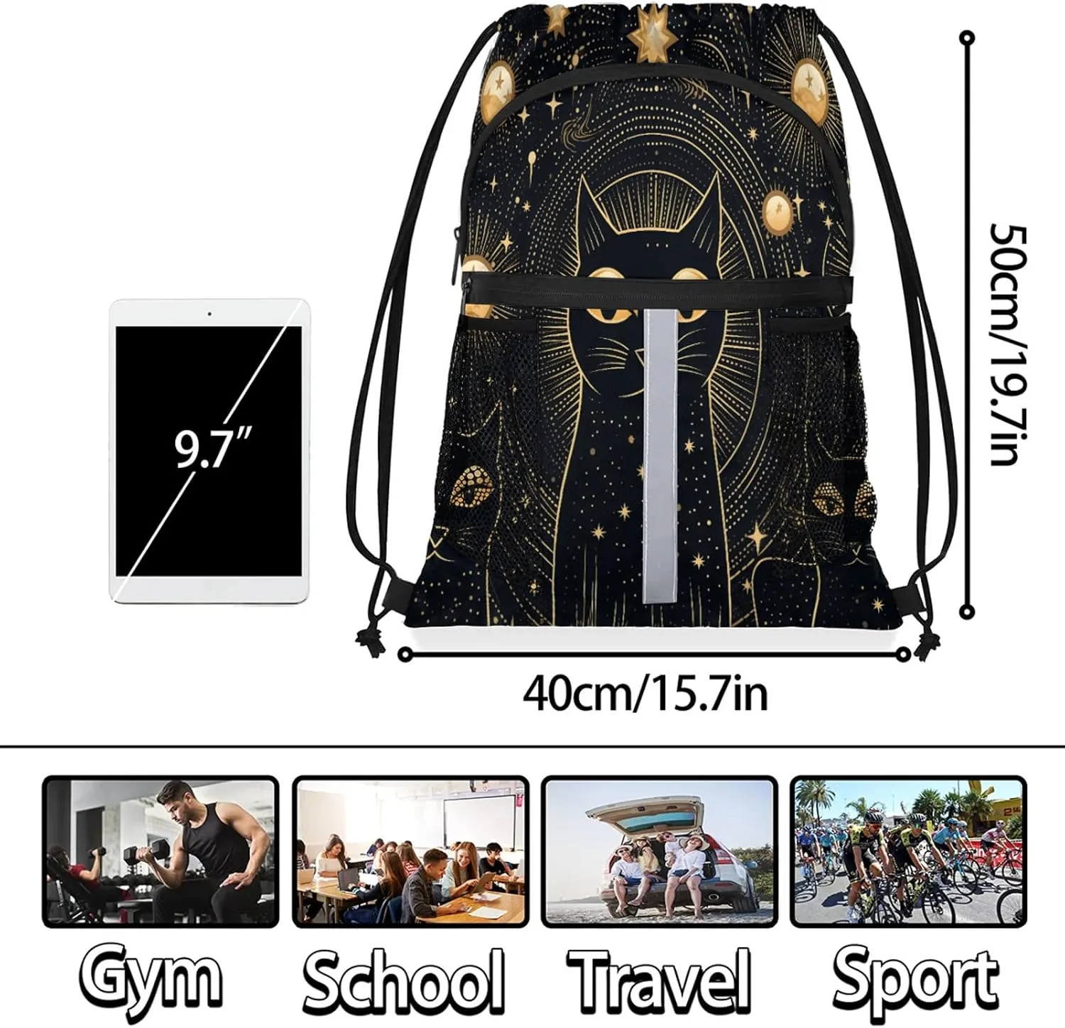 Black Cat Drawstring Backpack String Bag, Waterproof Sports Gym Swim Sackpack with Mesh Pocket for Men Women