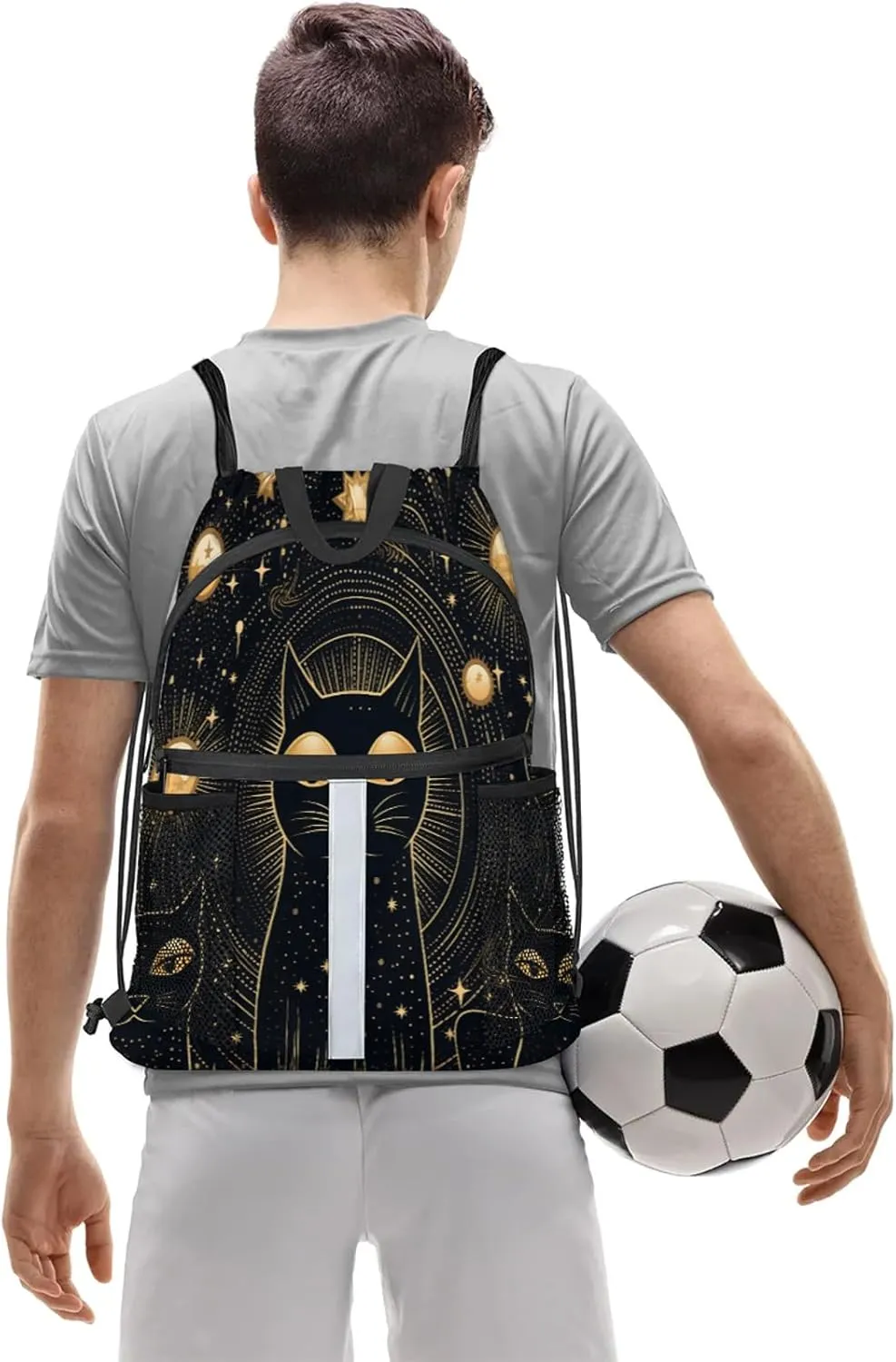 Black Cat Drawstring Backpack String Bag, Waterproof Sports Gym Swim Sackpack with Mesh Pocket for Men Women