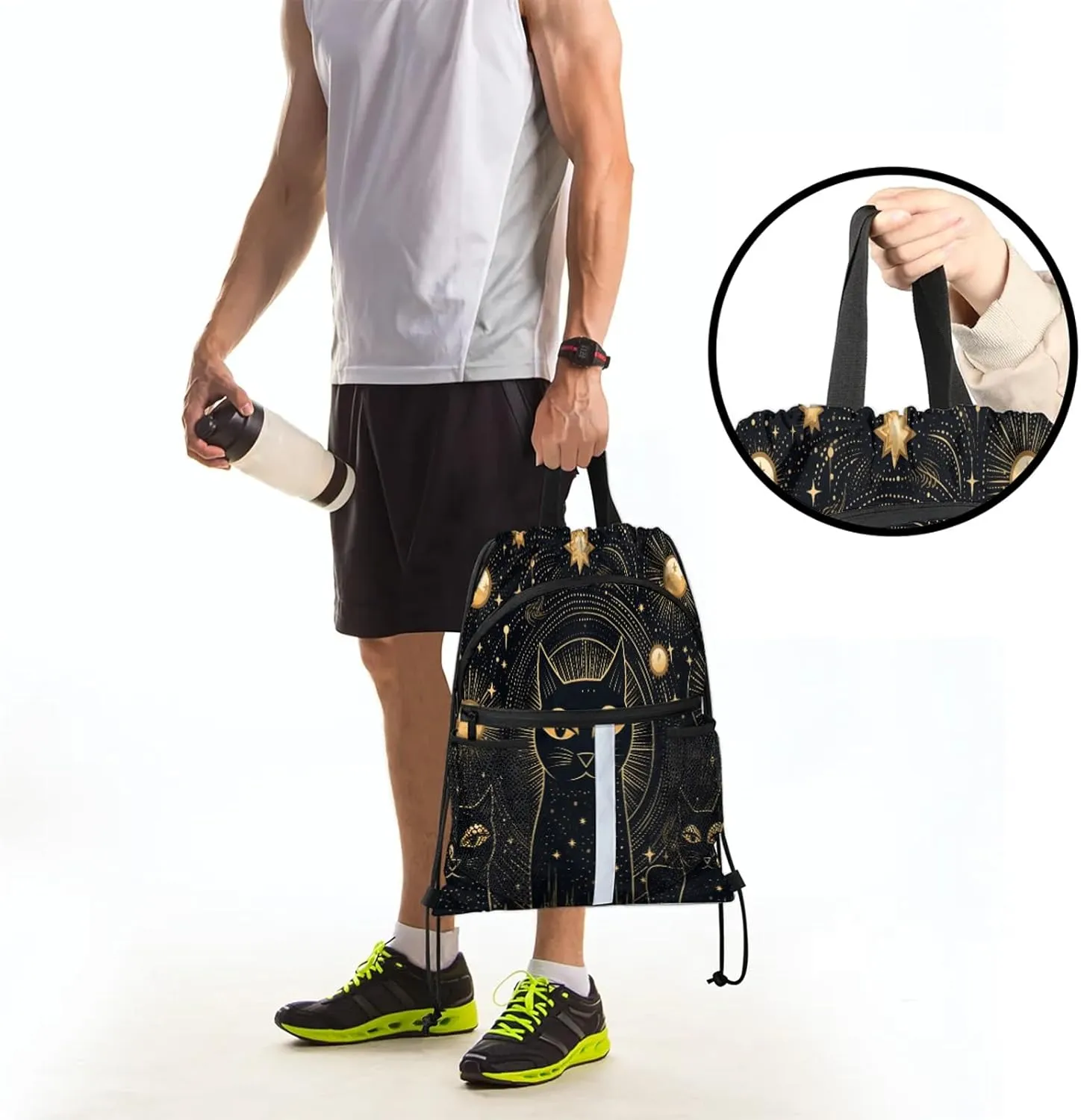 Black Cat Drawstring Backpack String Bag, Waterproof Sports Gym Swim Sackpack with Mesh Pocket for Men Women