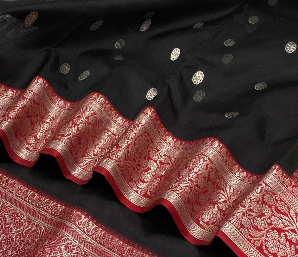 Black Chanderi Handloom Pure Katan Silk Small Booti Design Saree
