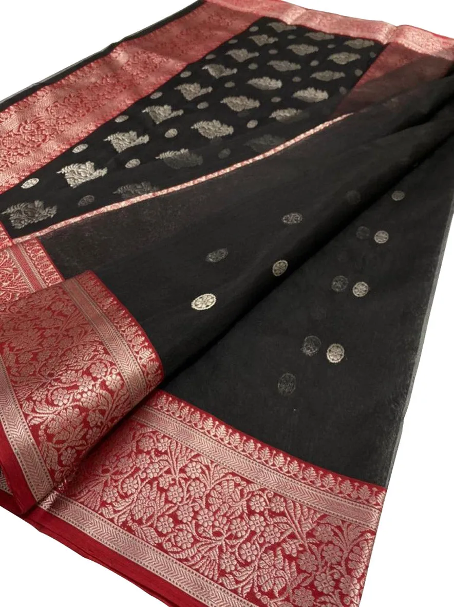 Black Chanderi Handloom Pure Katan Silk Small Booti Design Saree