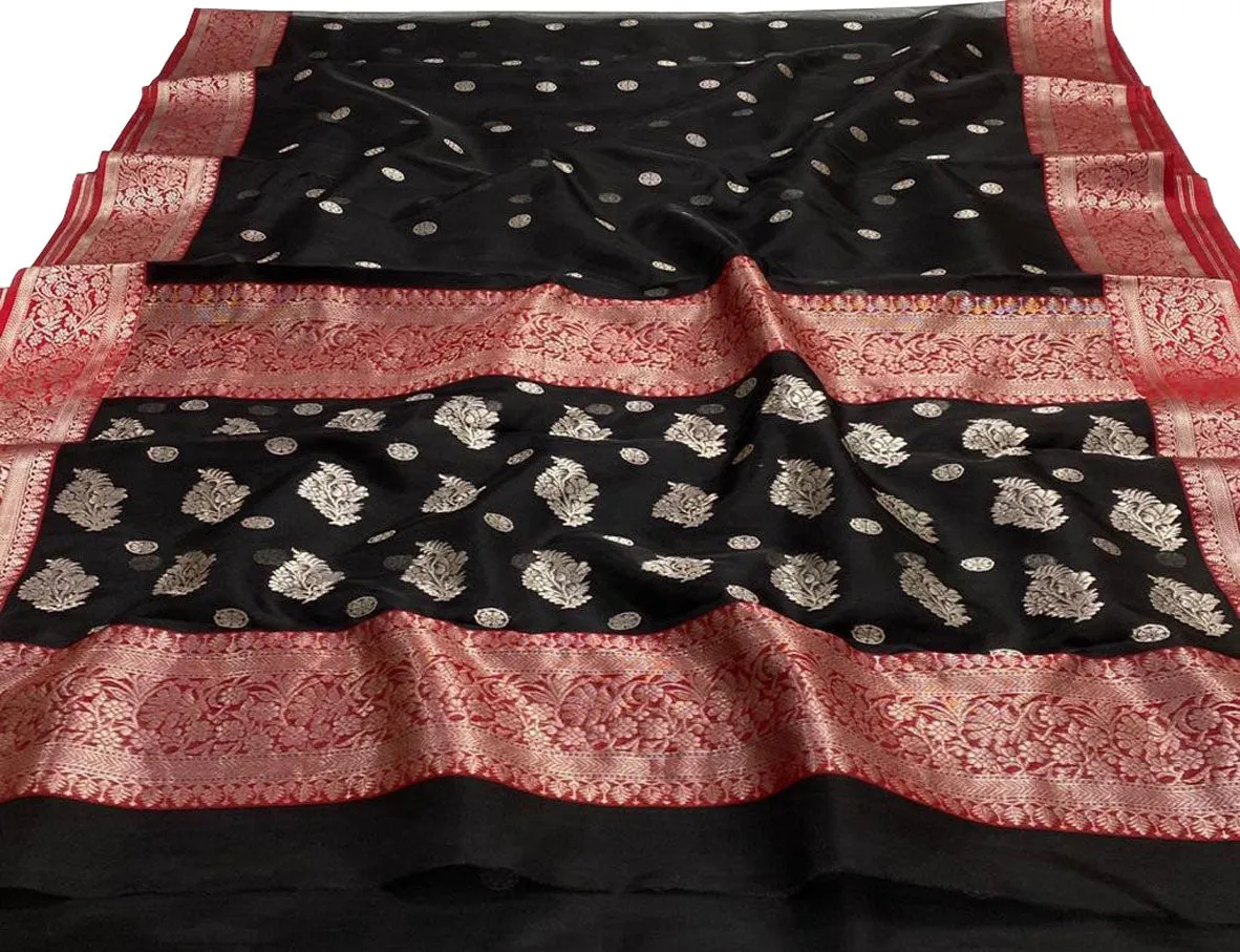 Black Chanderi Handloom Pure Katan Silk Small Booti Design Saree