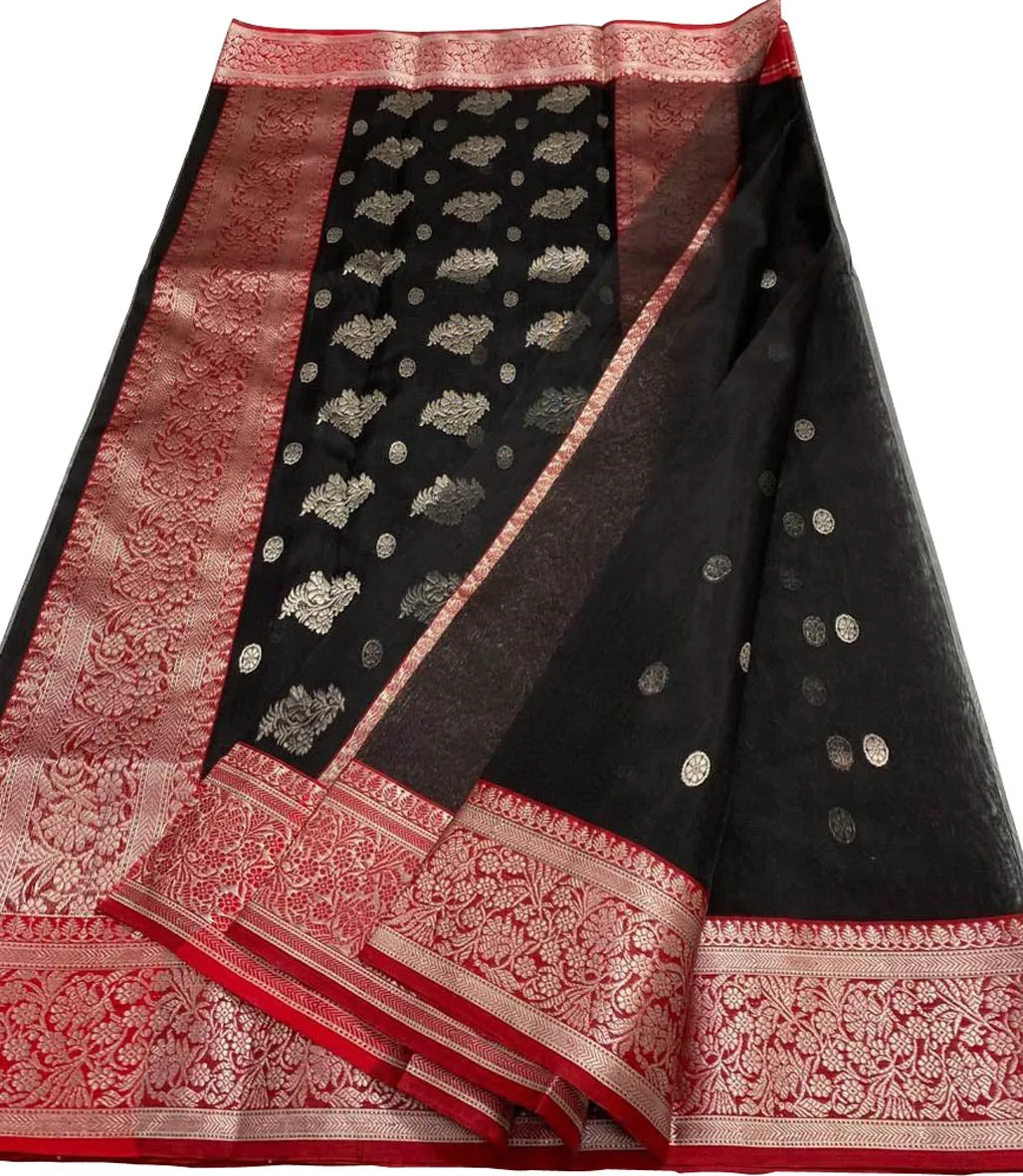 Black Chanderi Handloom Pure Katan Silk Small Booti Design Saree