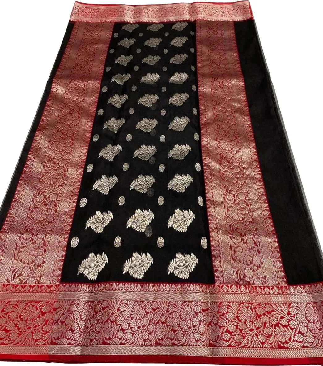 Black Chanderi Handloom Pure Katan Silk Small Booti Design Saree