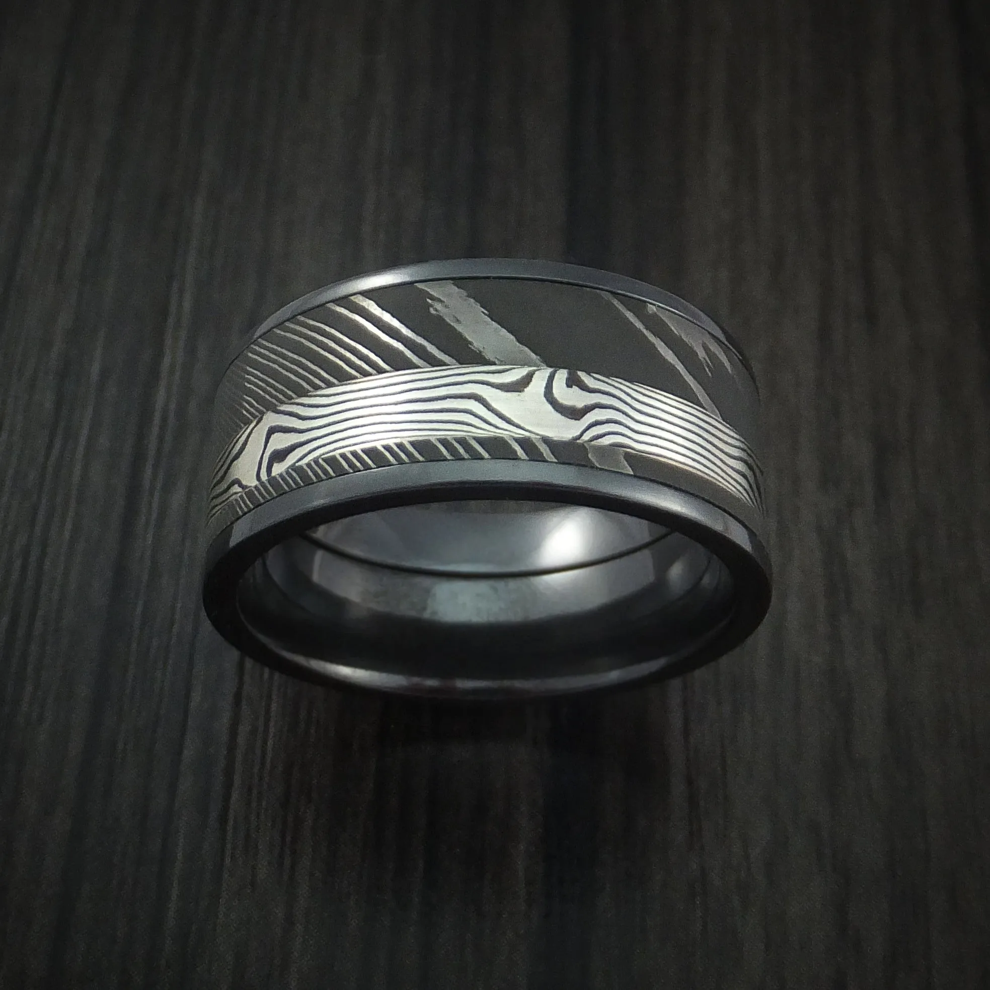 Black Titanium and Damascus Steel Band with Silver Mokume Gane Shakudo Custom Made Men's Ring
