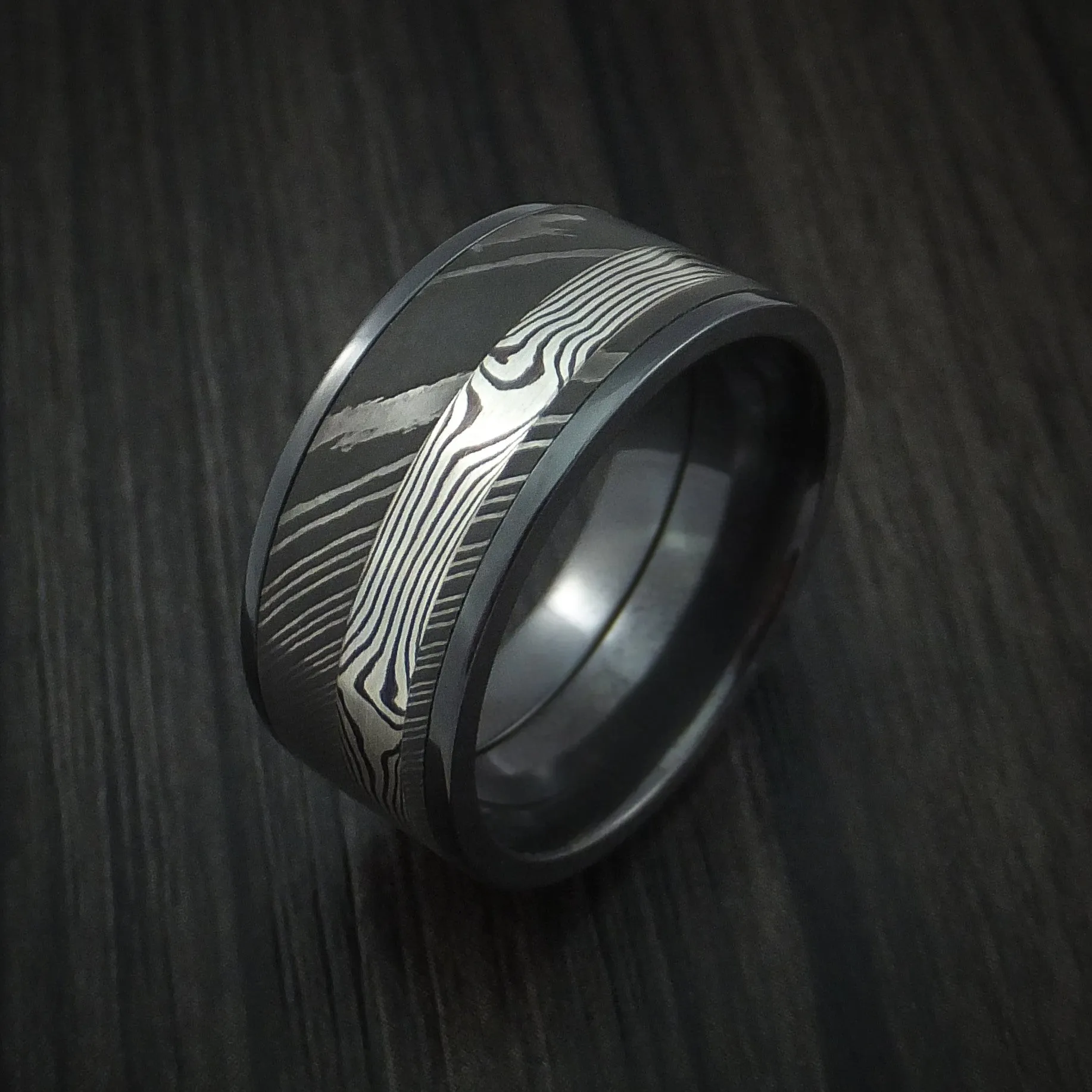 Black Titanium and Damascus Steel Band with Silver Mokume Gane Shakudo Custom Made Men's Ring
