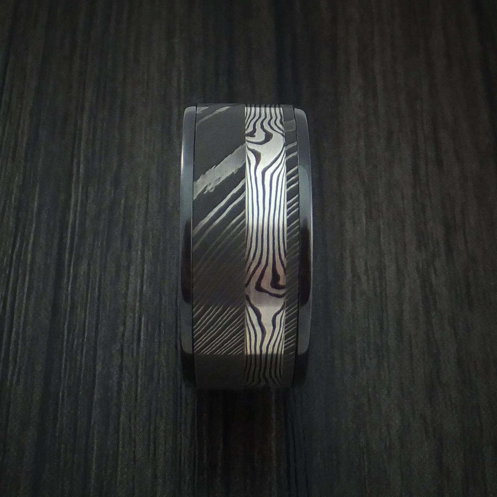Black Titanium and Damascus Steel Band with Silver Mokume Gane Shakudo Custom Made Men's Ring
