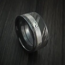 Black Titanium and Damascus Steel Band with Silver Mokume Gane Shakudo Custom Made Men's Ring