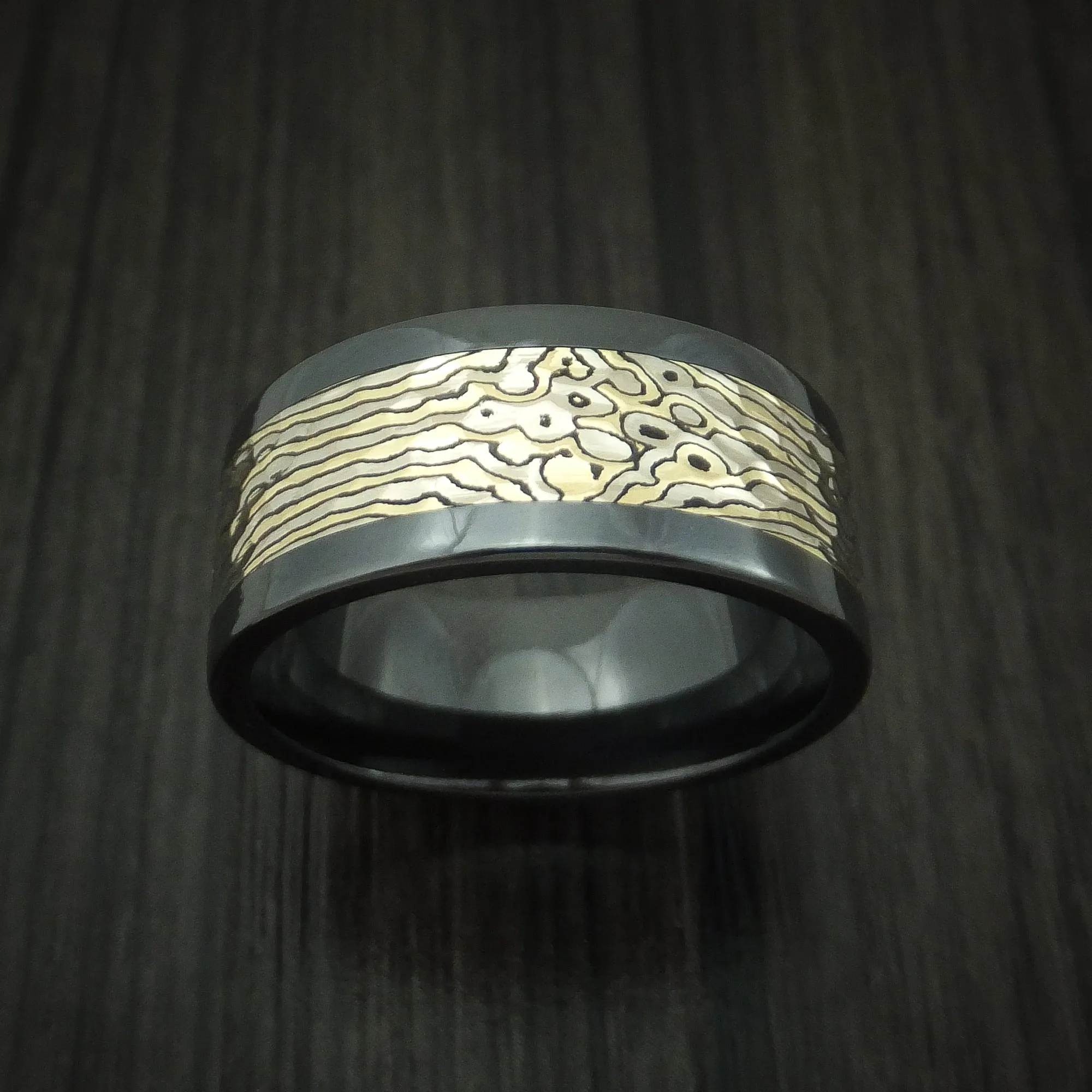 Black Titanium and Yellow Gold Mokume Shakudo Hammered Men's Ring Custom Made Band