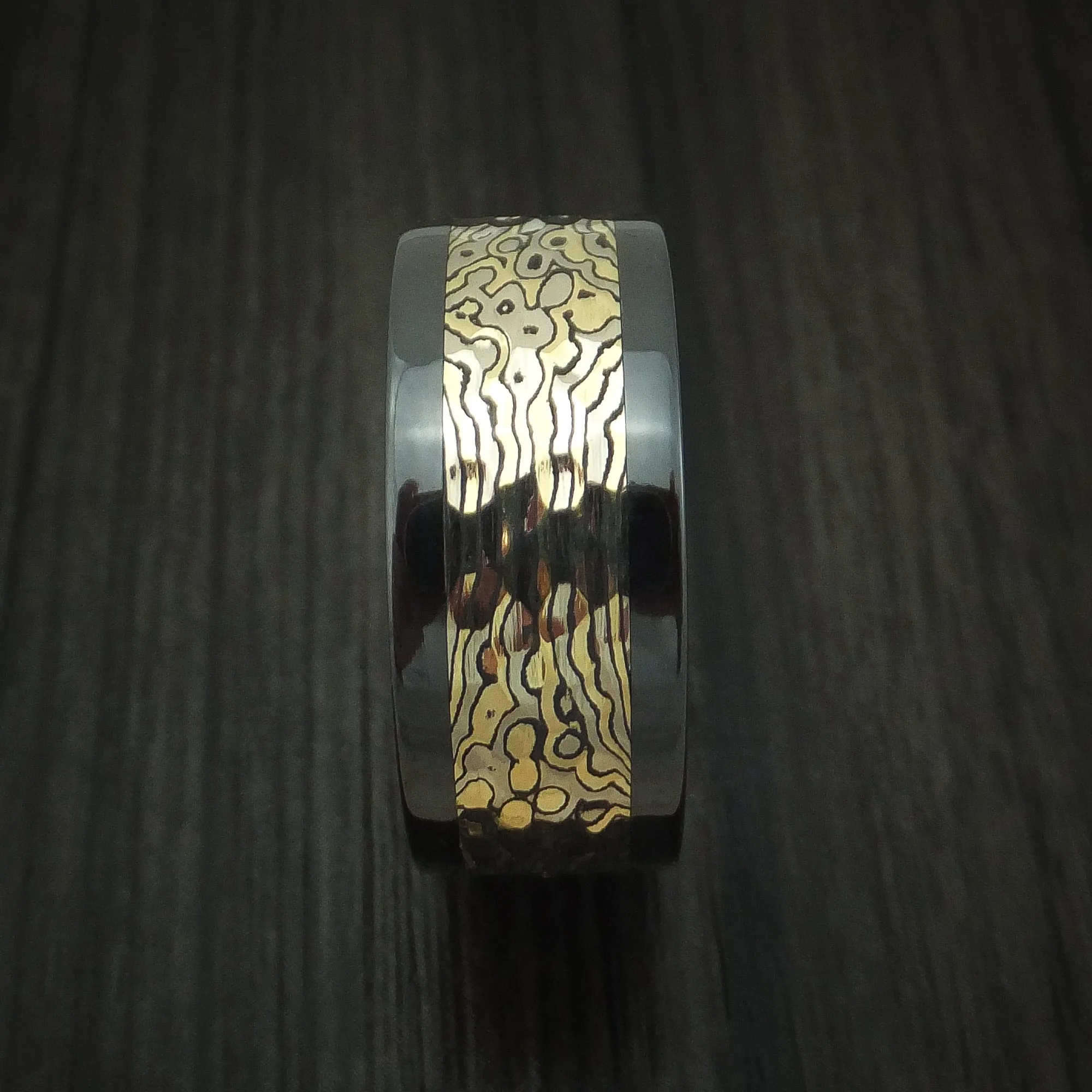 Black Titanium and Yellow Gold Mokume Shakudo Hammered Men's Ring Custom Made Band