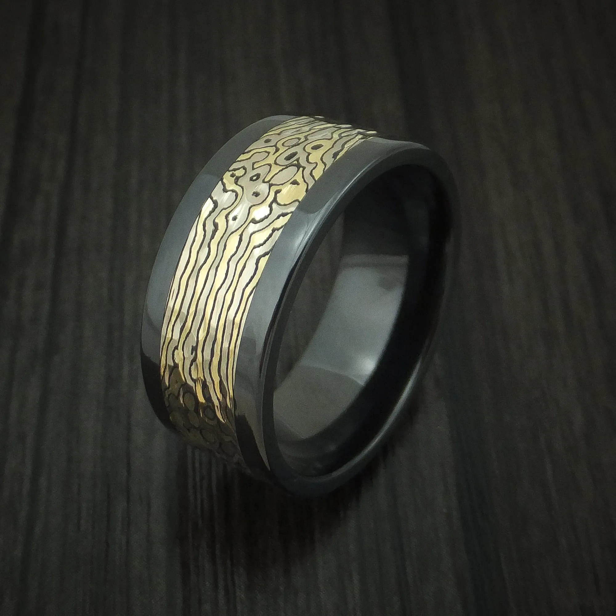 Black Titanium and Yellow Gold Mokume Shakudo Hammered Men's Ring Custom Made Band
