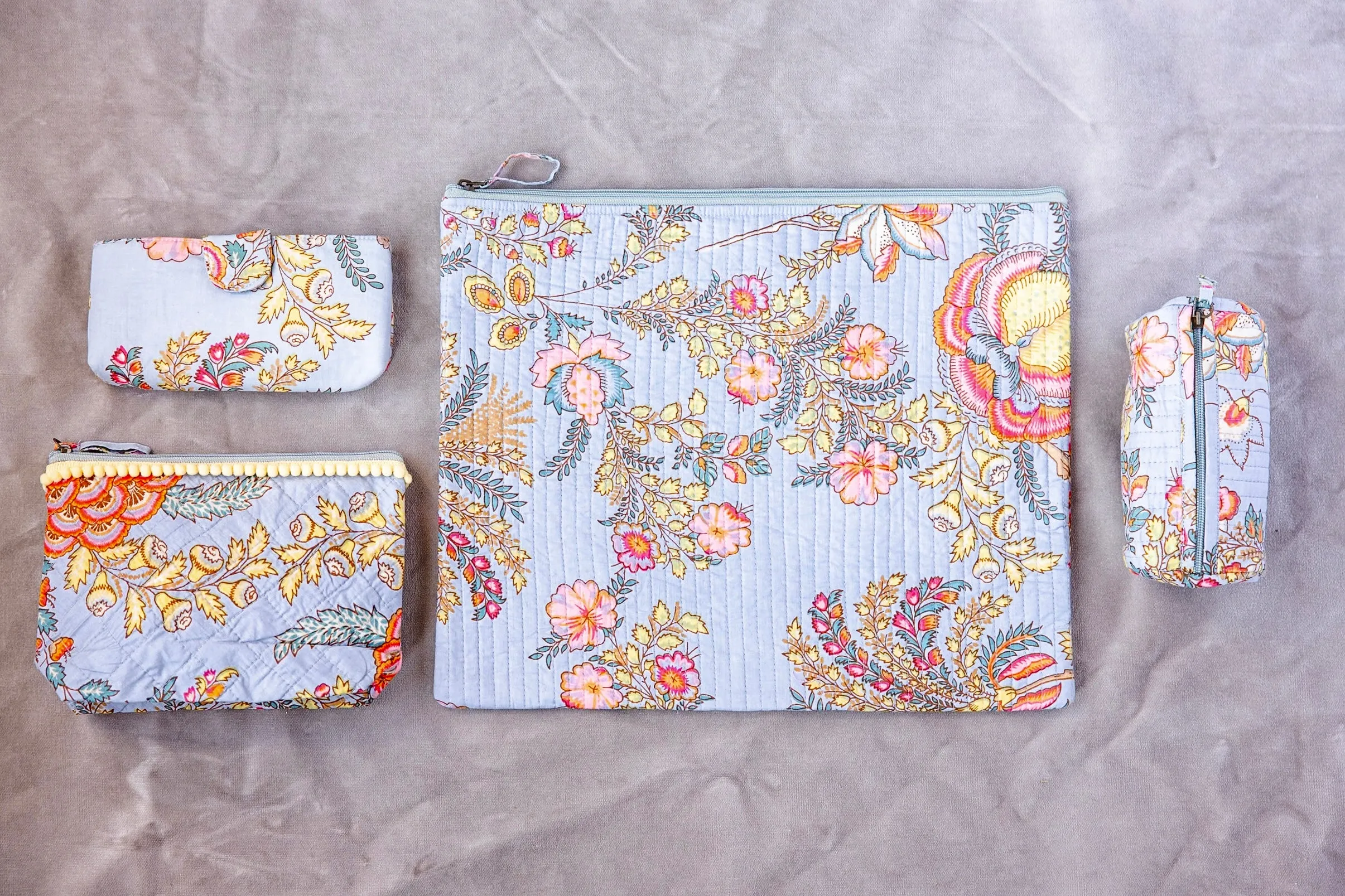 Block Print Travel Pouch-Sky Blue Floral