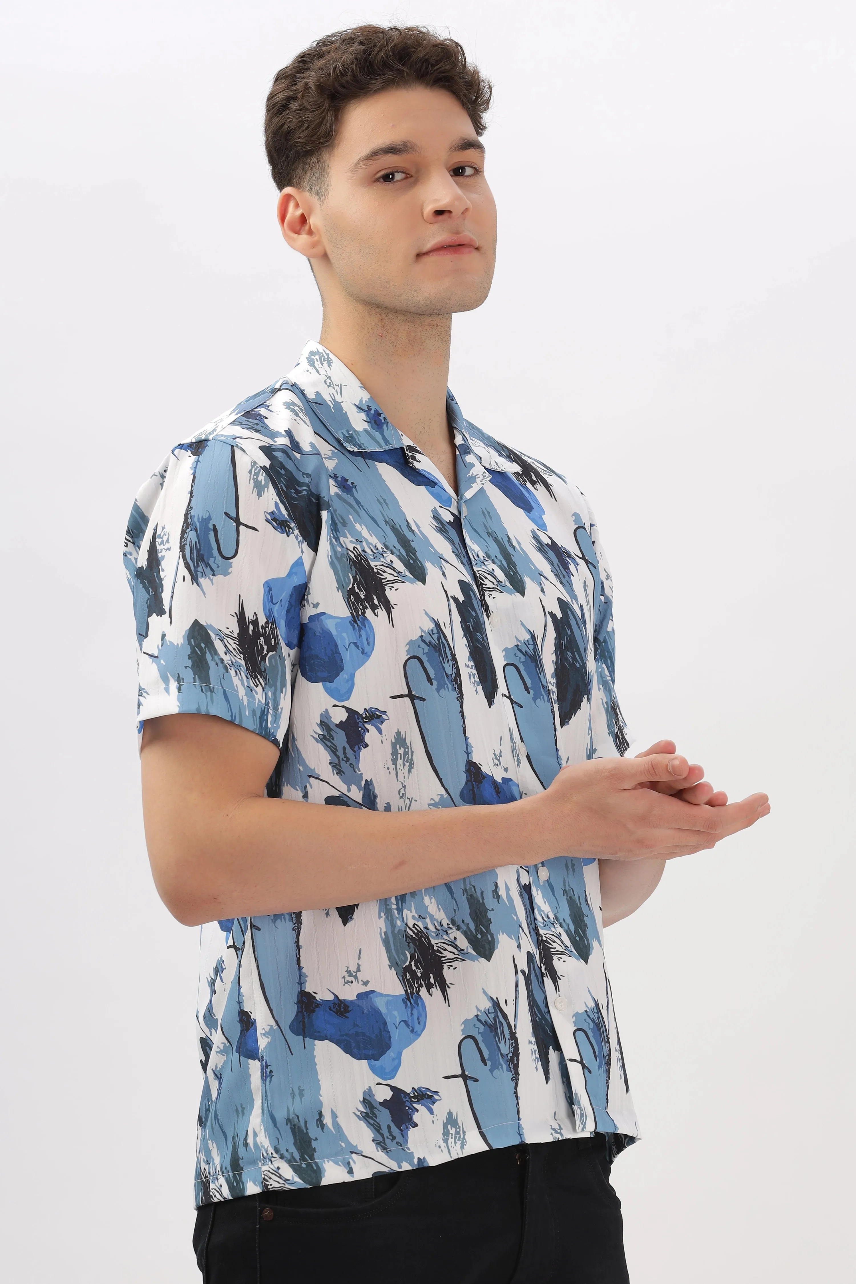 Blue abstract printed popcorn shirt